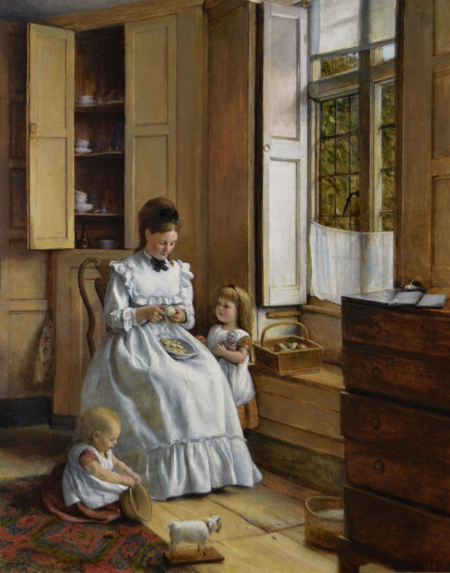 19th Century genre oil painting of a woman peeling apples with her daughters - Painting by Joseph Clark