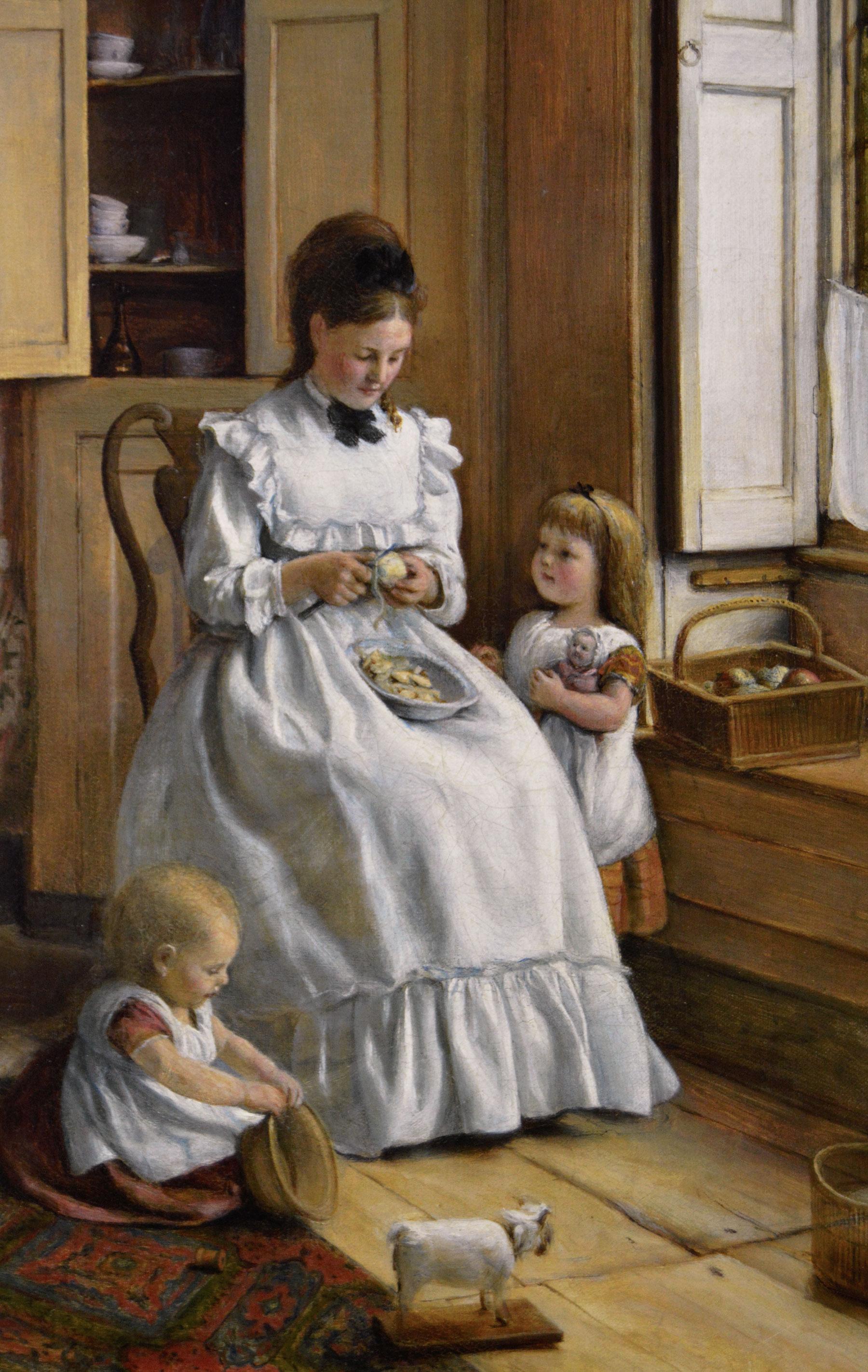 19th Century genre oil painting of a woman peeling apples with her daughters - Victorian Painting by Joseph Clark
