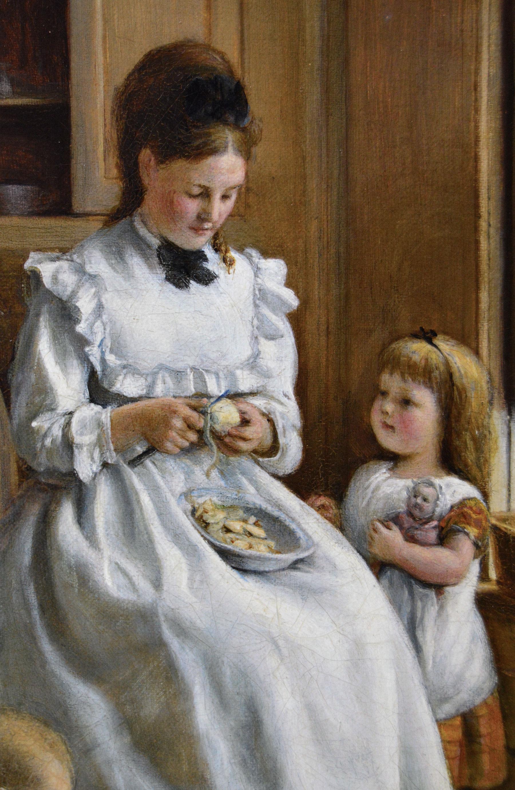 19th Century genre oil painting of a woman peeling apples with her daughters - Brown Figurative Painting by Joseph Clark
