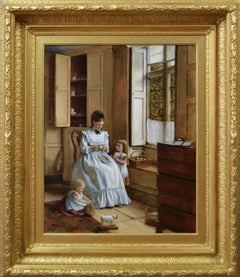 Peinture à l'huile de genre du 19e siècle représentant une femme épluchant des pommes avec ses filles