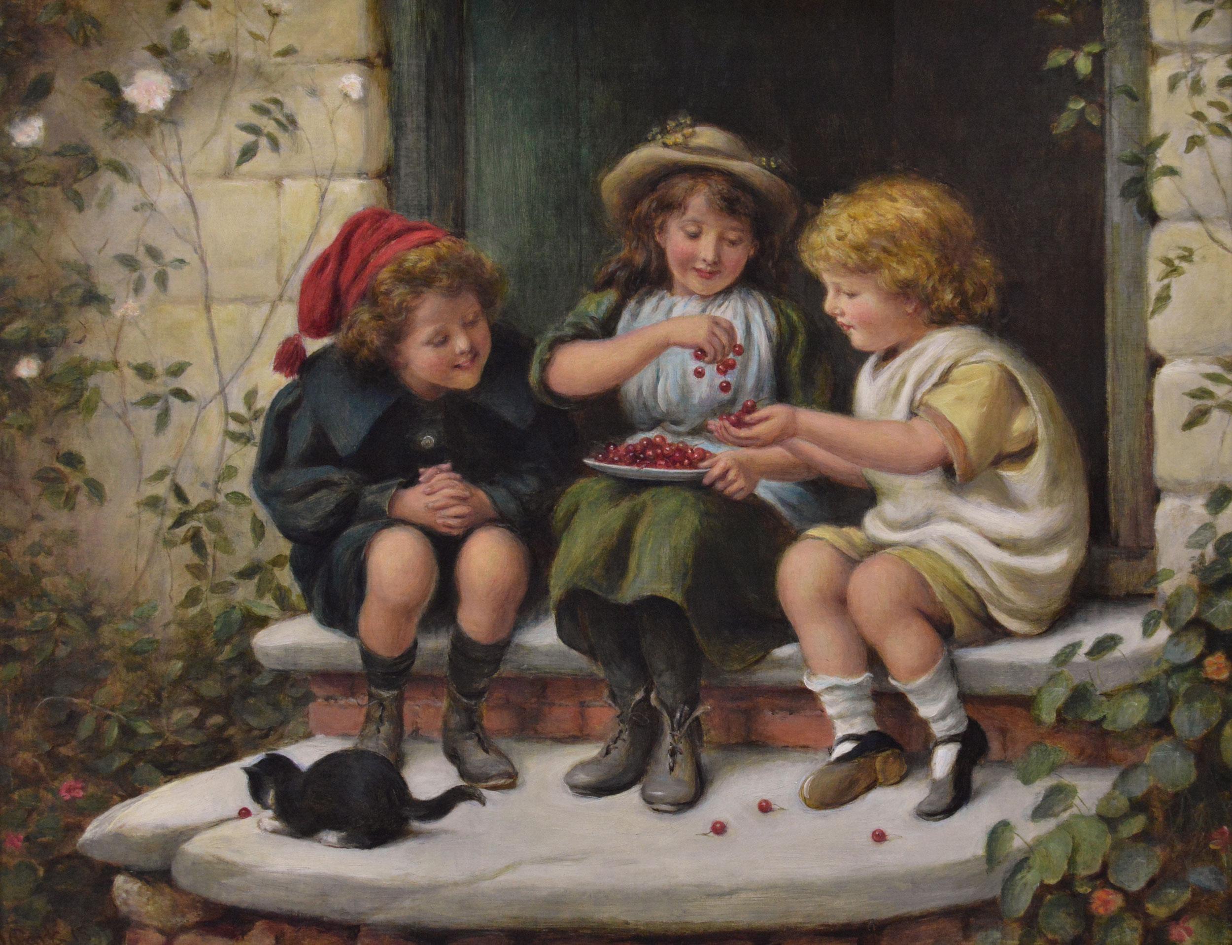 Dipinto a olio di genere del XIX secolo raffigurante tre bambini con una ciotola di ciliegie - Painting di Joseph Clark