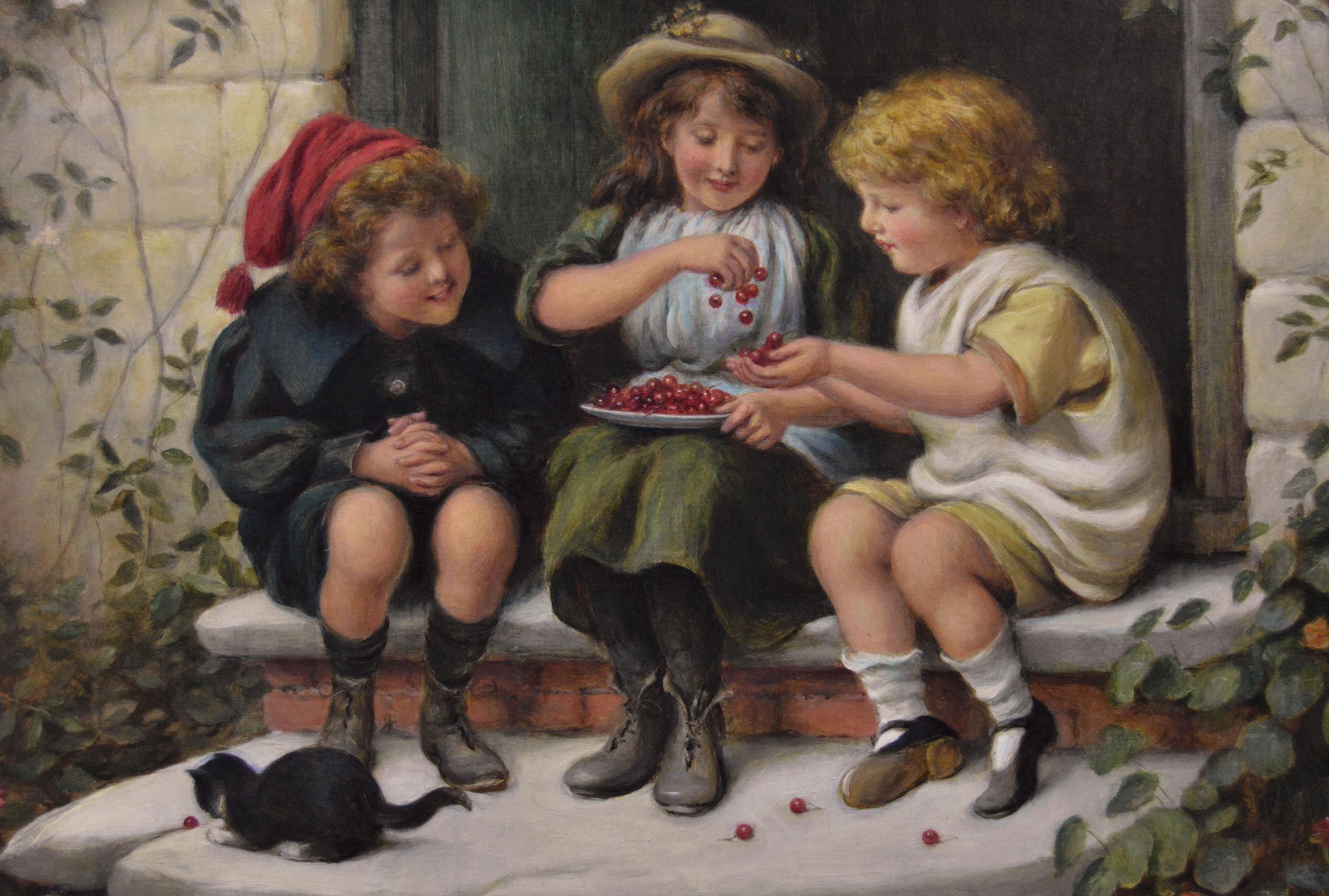 Dipinto a olio di genere del XIX secolo raffigurante tre bambini con una ciotola di ciliegie - Painting Vittoriano di Joseph Clark