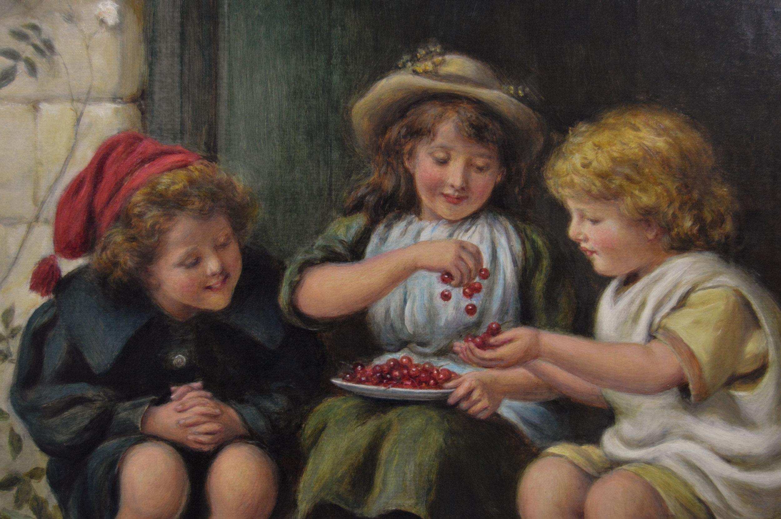 Dipinto a olio di genere del XIX secolo raffigurante tre bambini con una ciotola di ciliegie - Figurative Painting Marrone di Joseph Clark