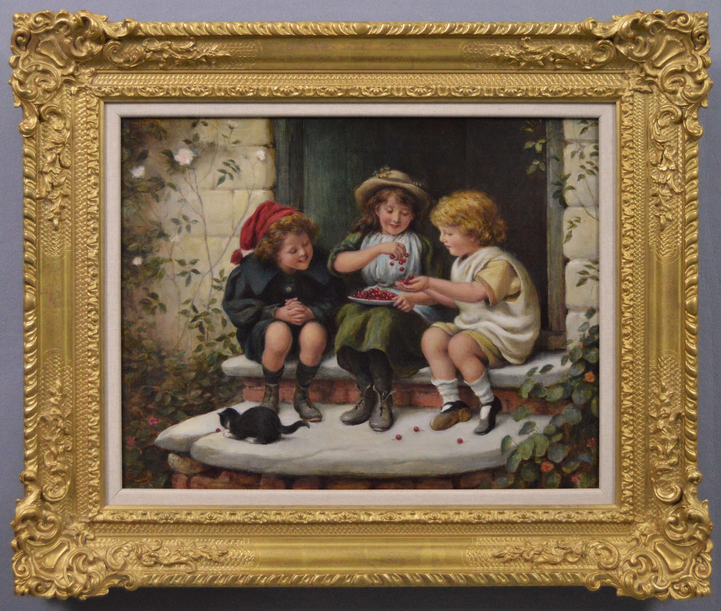 Figurative Painting di Joseph Clark - Dipinto a olio di genere del XIX secolo raffigurante tre bambini con una ciotola di ciliegie