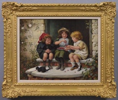 19th Century genre oil painting of of three children with a bowl of cherries