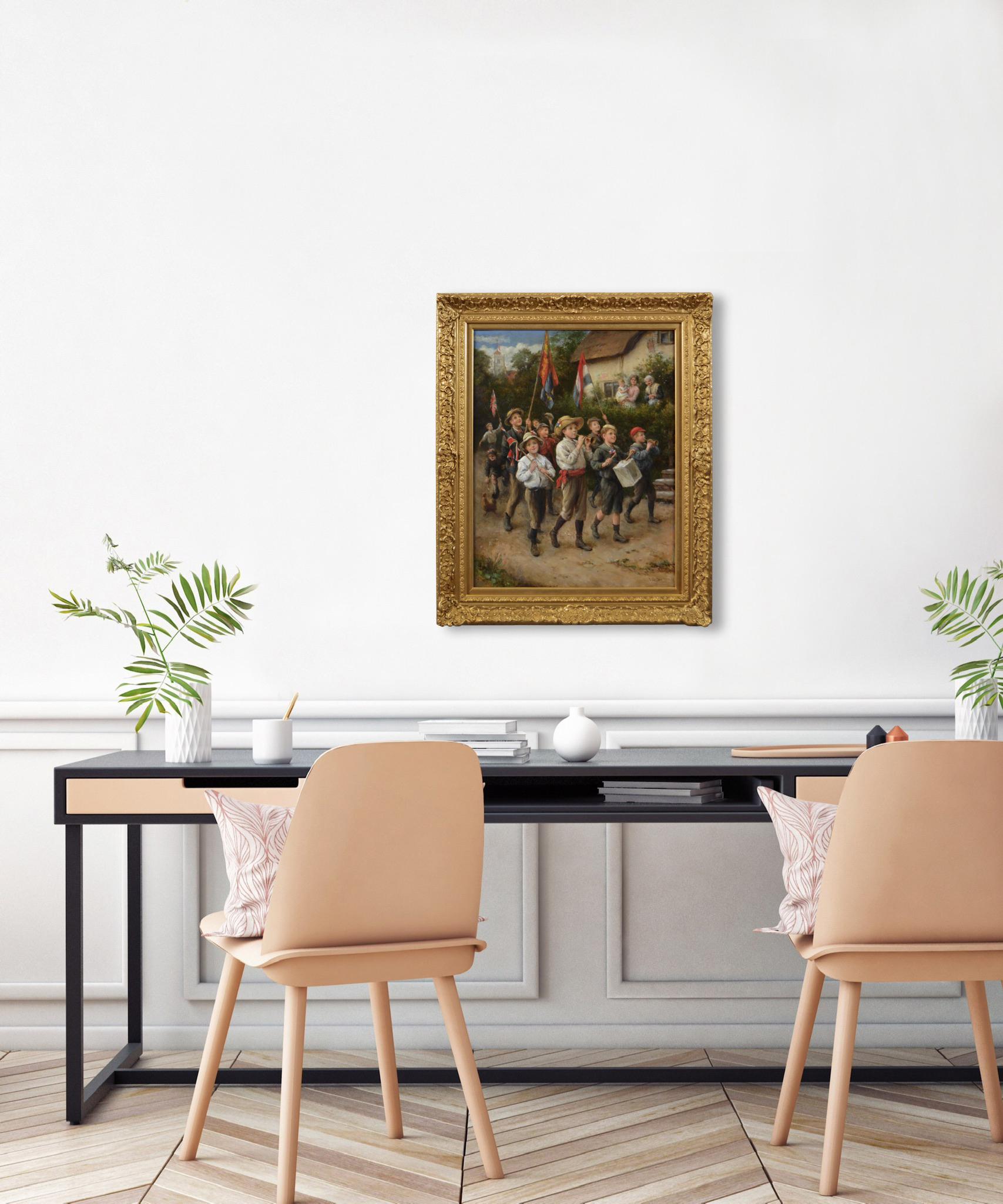Genre oil painting of a children’s coronation marching band For Sale 4