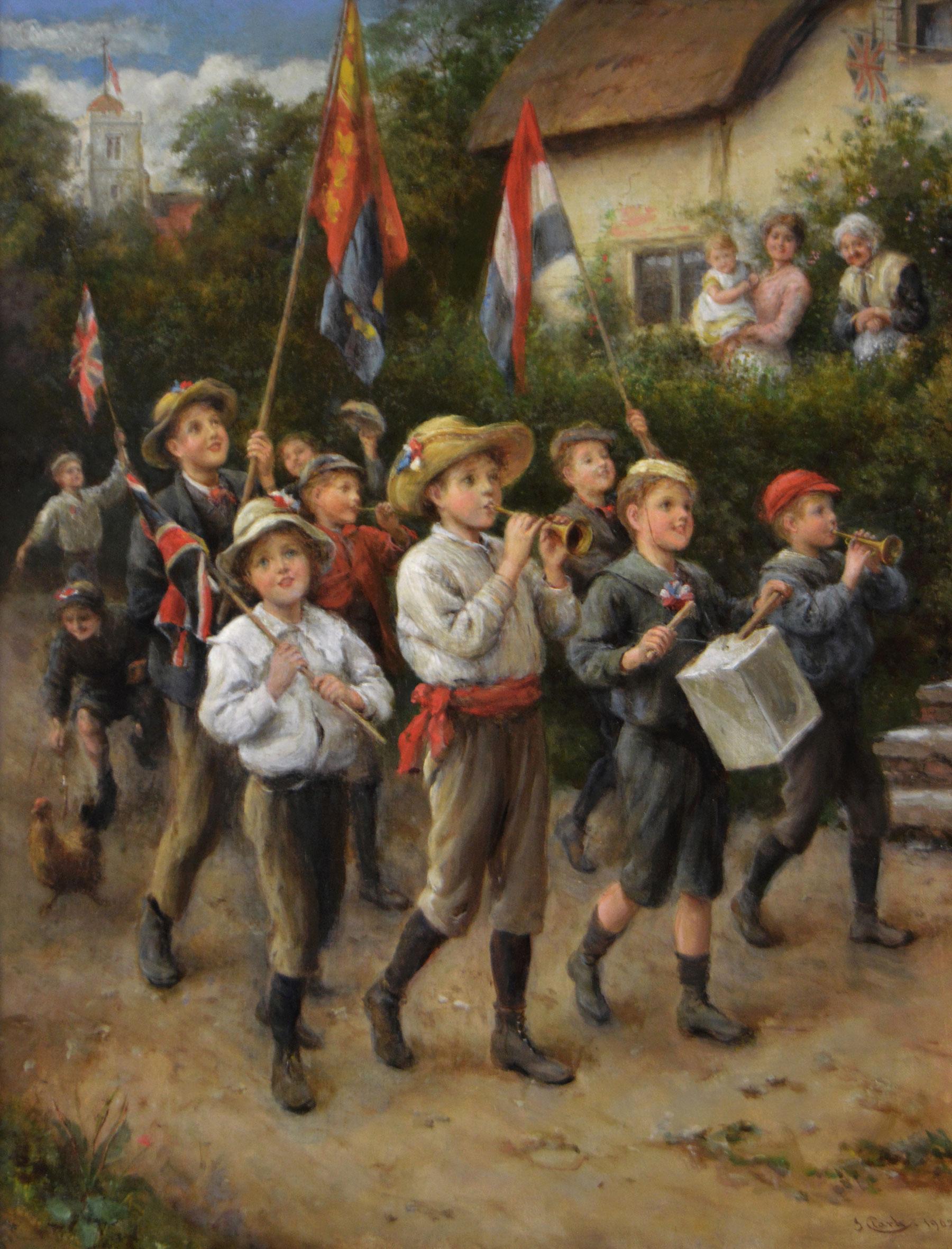 Genre oil painting of a children’s coronation marching band - Painting by Joseph Clark