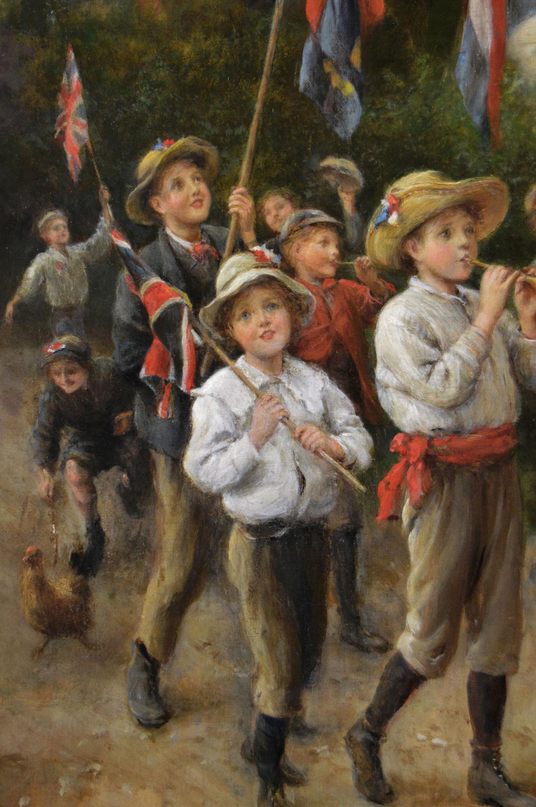Peinture à l'huile de genre représentant une fanfare de couronnement d'enfants - Victorien Painting par Joseph Clark