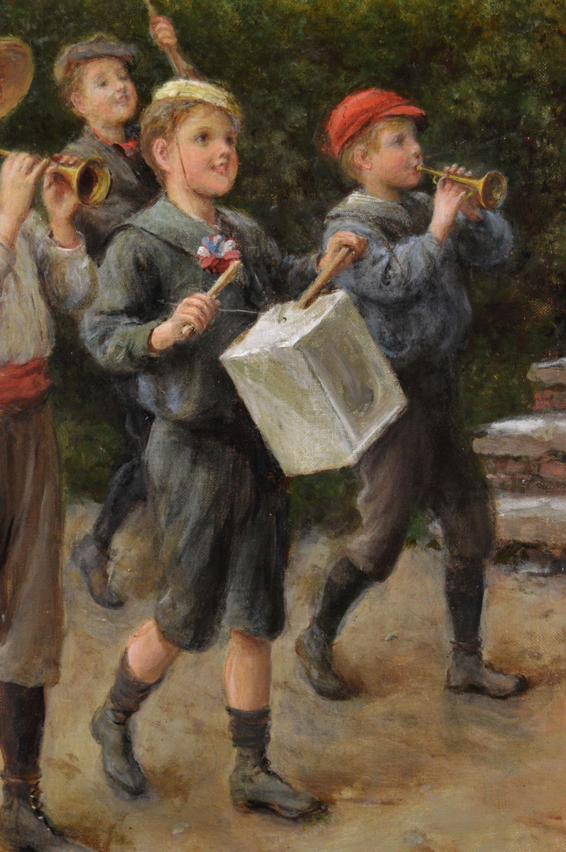 Peinture à l'huile de genre représentant une fanfare de couronnement d'enfants - Marron Figurative Painting par Joseph Clark