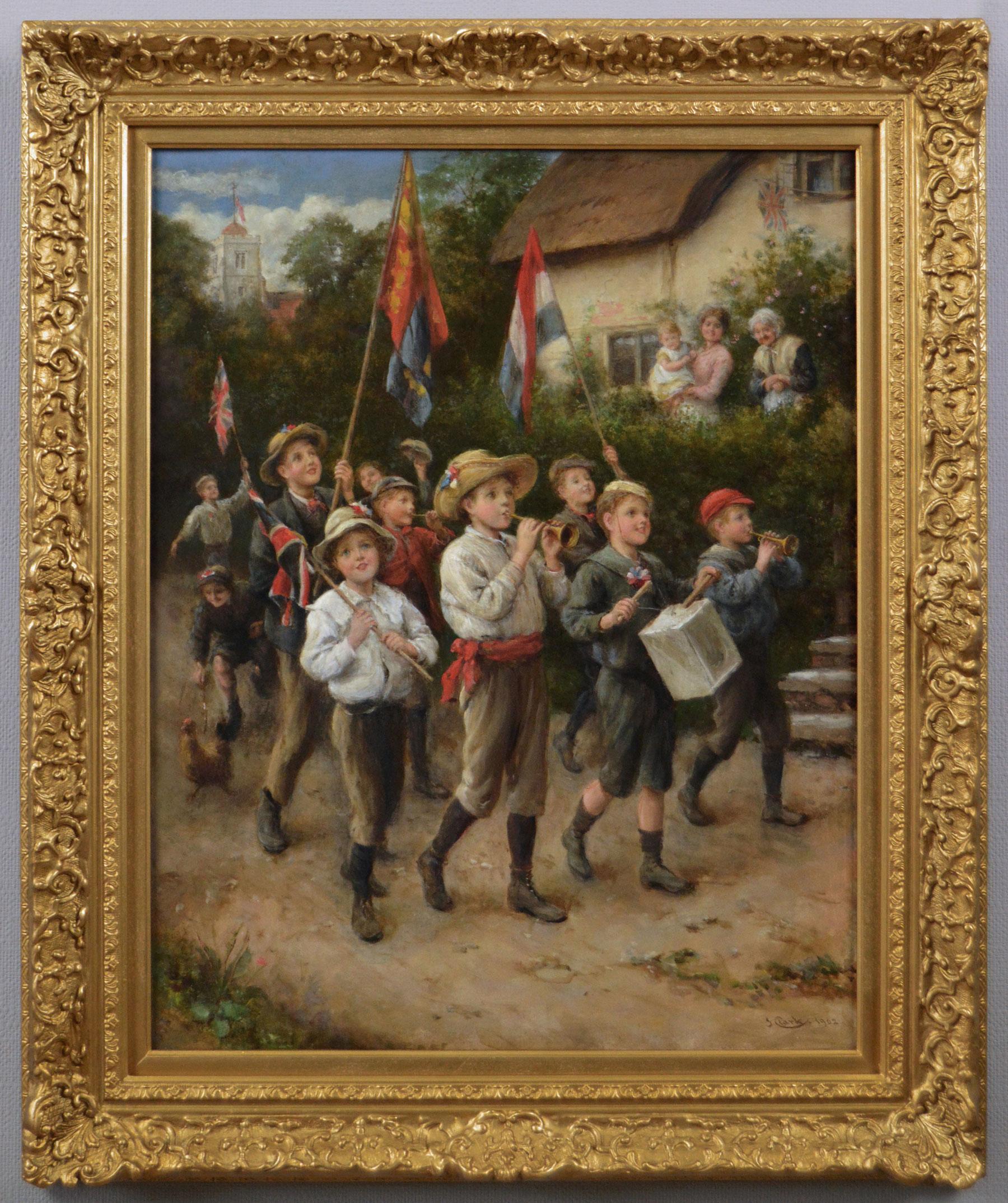 Figurative Painting Joseph Clark - Peinture à l'huile de genre représentant une fanfare de couronnement d'enfants