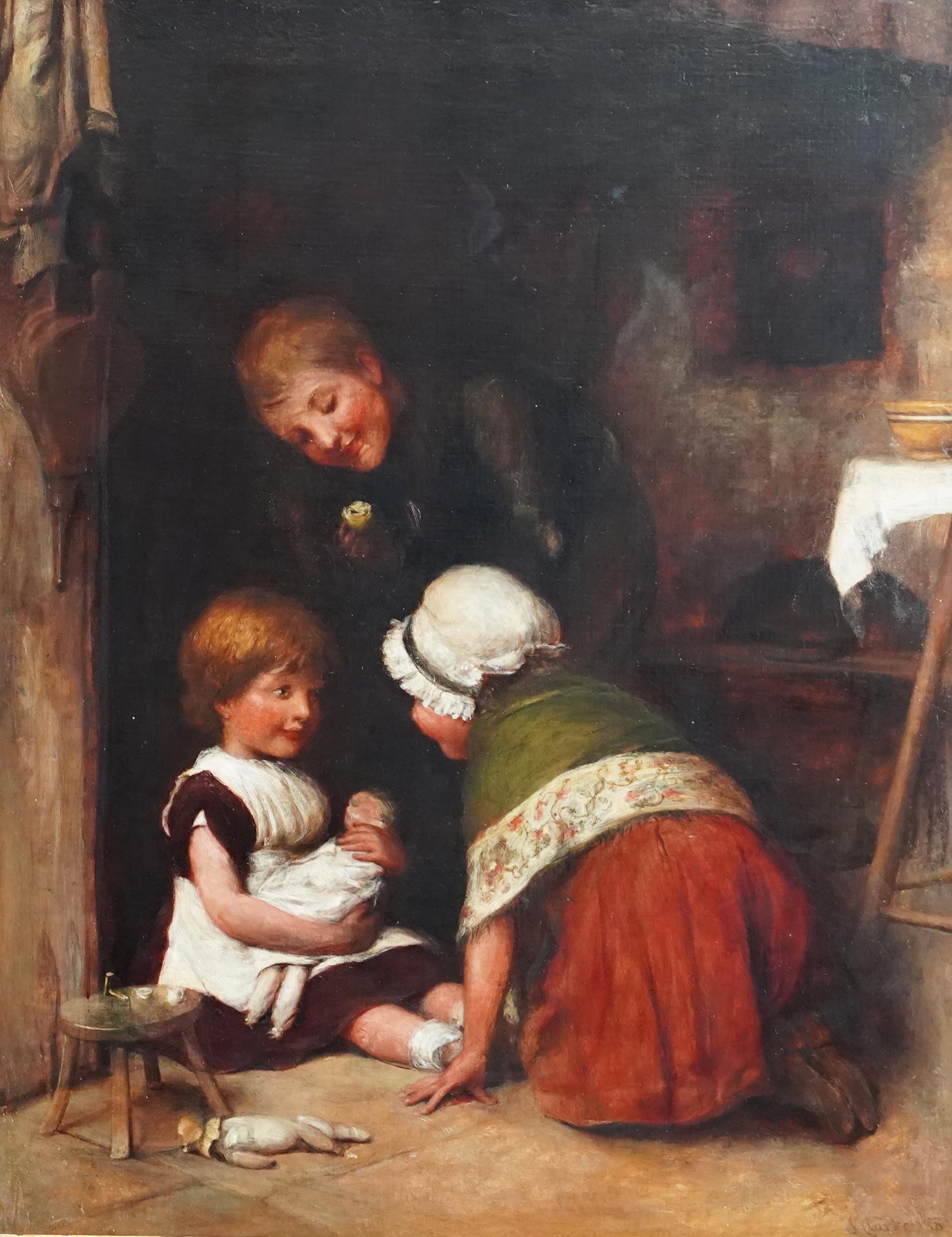 Portrait of Children at Play - British Victorian Genre art oil painting interior - Painting by Joseph Clark