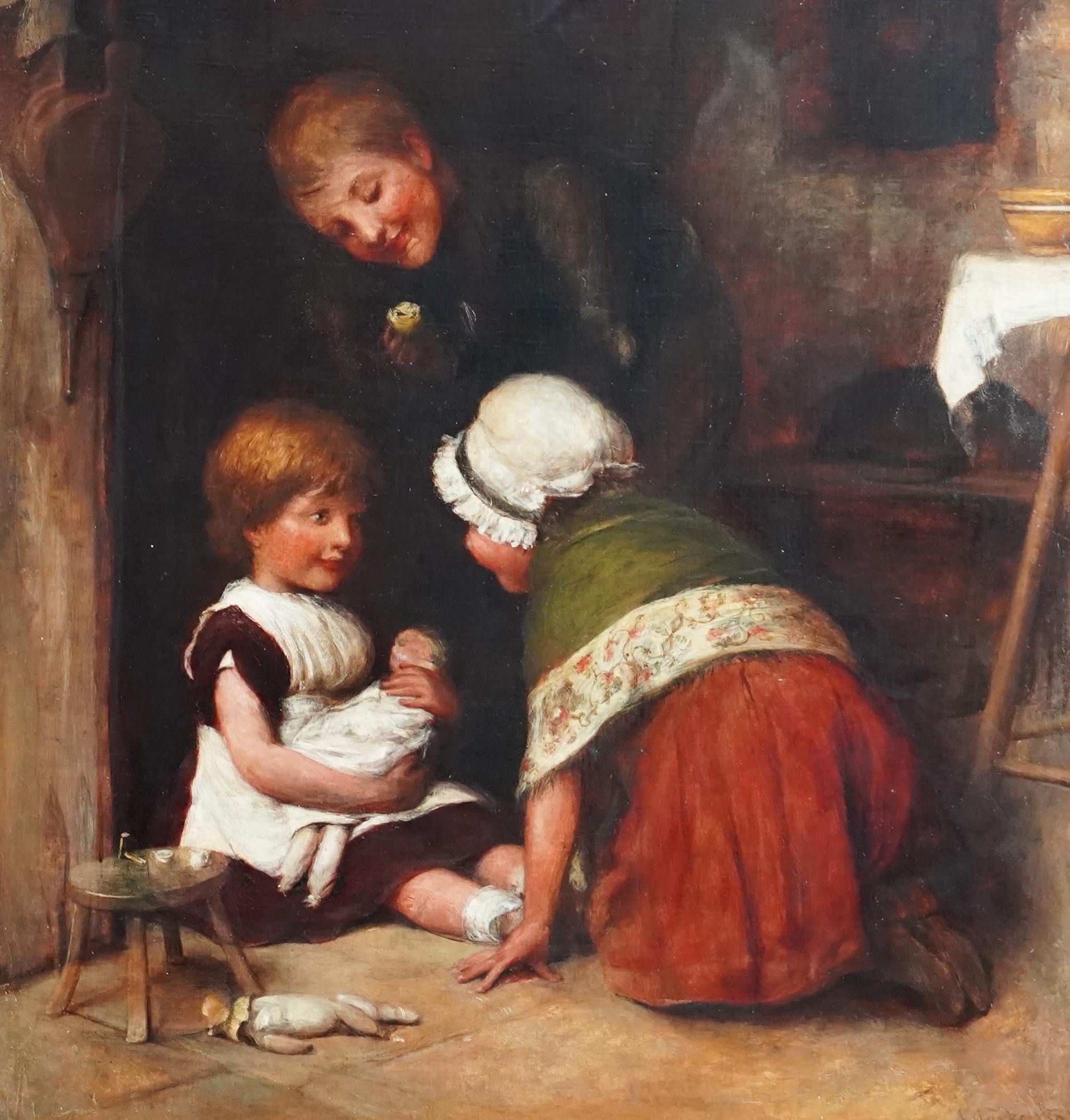 Cette ravissante peinture à l'huile de genre victorienne britannique est l'œuvre du célèbre artiste Joseph Clark. Peinte en 1881, cette charmante composition représente trois jeunes enfants jouant avec une poupée sur le sol d'une chaumière près de