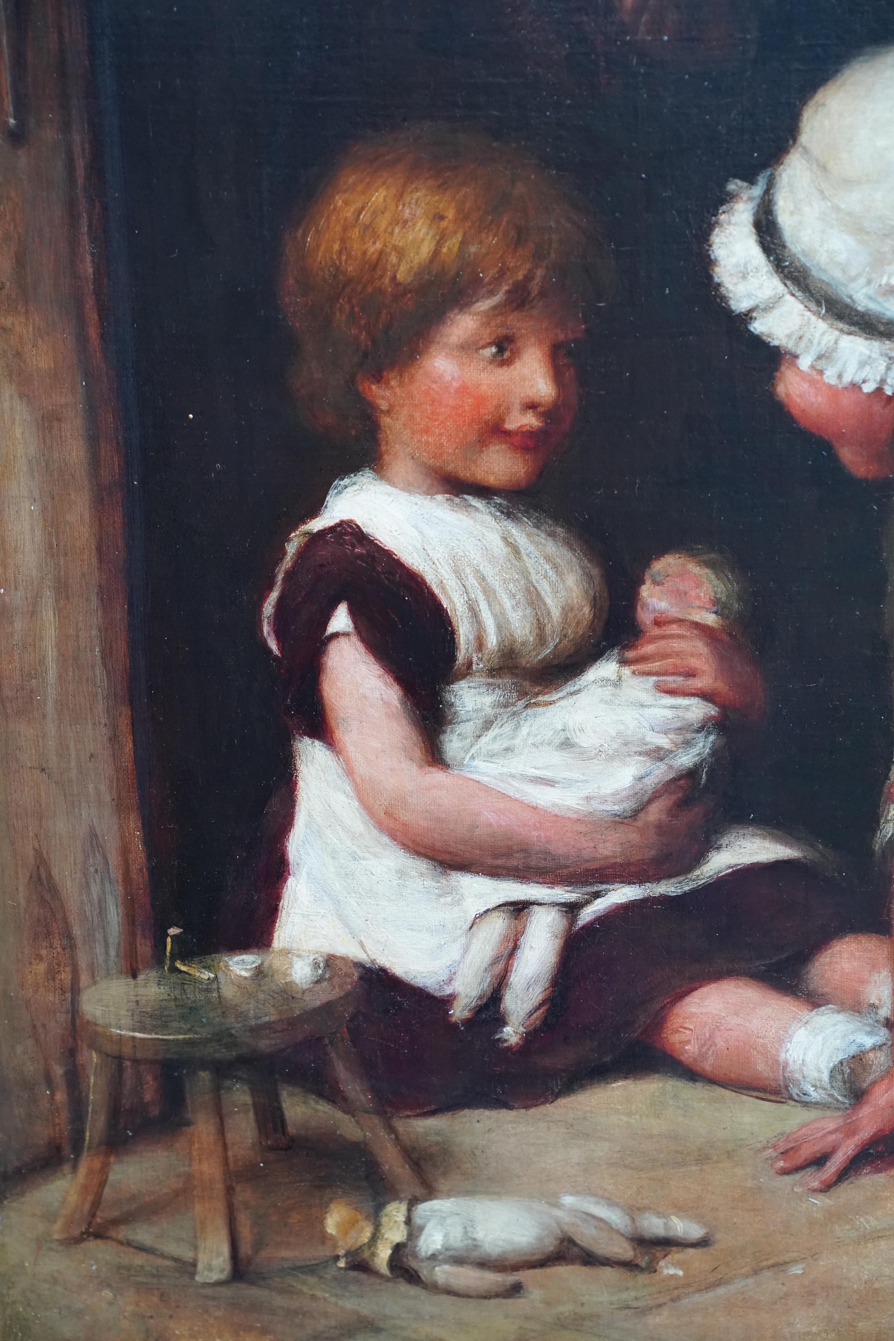 Portrait of Children at Play - British Victorian Genre art oil painting interior For Sale 1