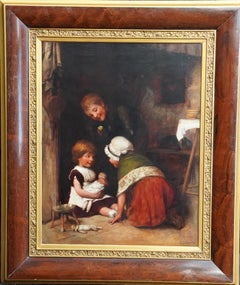 Antique Portrait of Children at Play - British Victorian Genre art oil painting interior