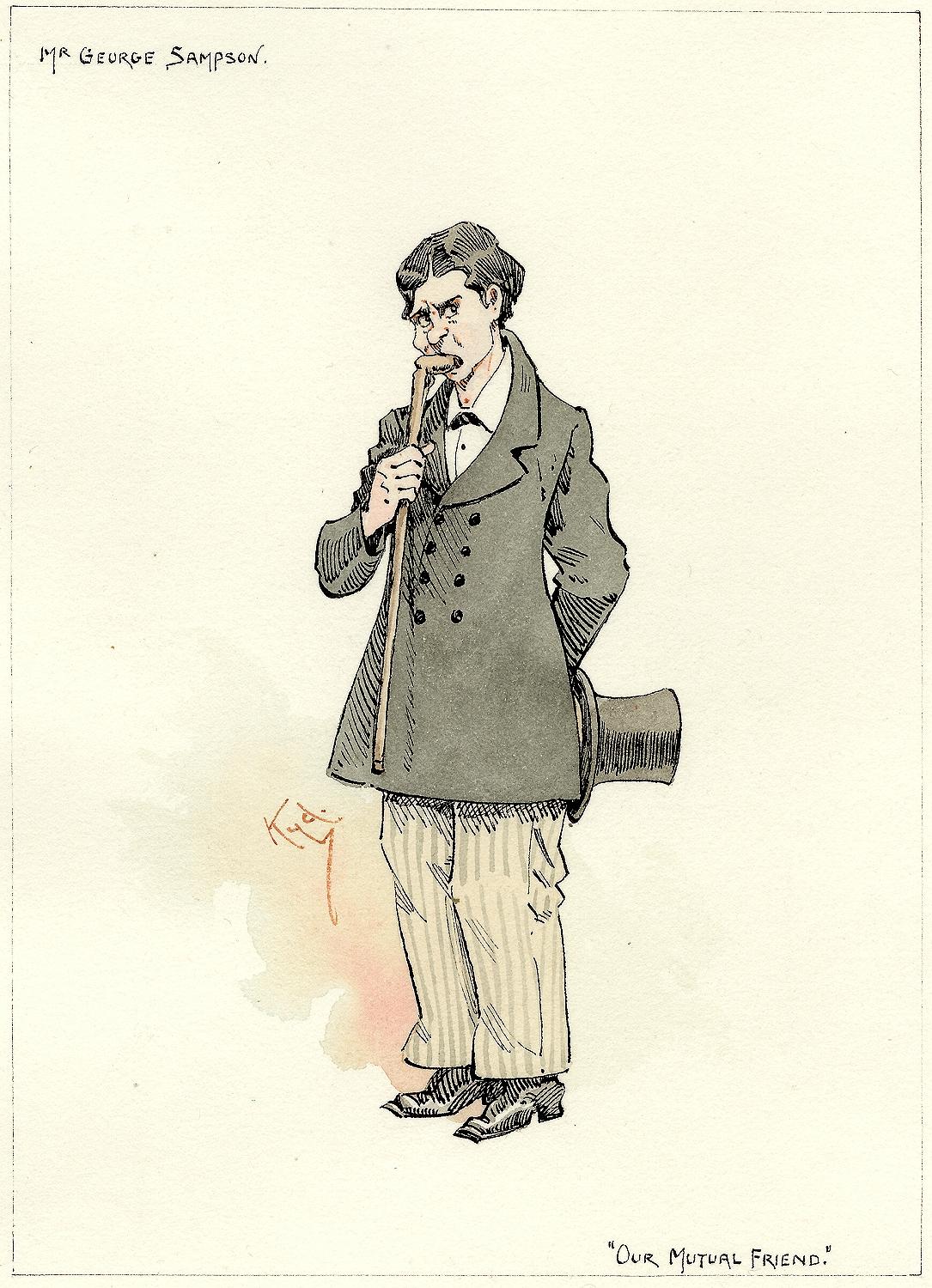 AUTHOR: CLARKE, Joseph Clayton (KYD) (Charles Dickens). 

TITLE: Mr. George Sampson (from Our Mutual Friend)

PUBLISHER: England, [c. 1920]

DESCRIPTION: ORIGINAL INK AND WATERCOLOR SKETCH. 1 leaf, on paper, image 5-15/16
