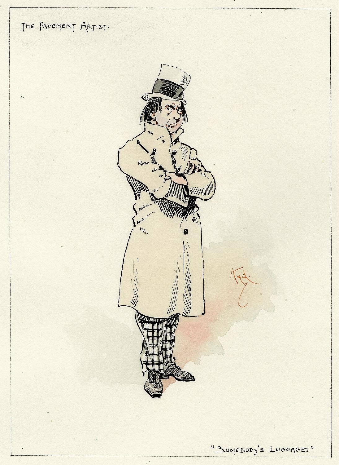 AUTHOR: CLARKE, Joseph Clayton (KYD) (Charles Dickens). 

TITLE: The Pavement Artist (from Somebody's Luggage).

PUBLISHER: England, [c. 1920]

DESCRIPTION: ORIGINAL INK AND WATERCOLOR SKETCH. 1 leaf, on paper, image 5-15/16