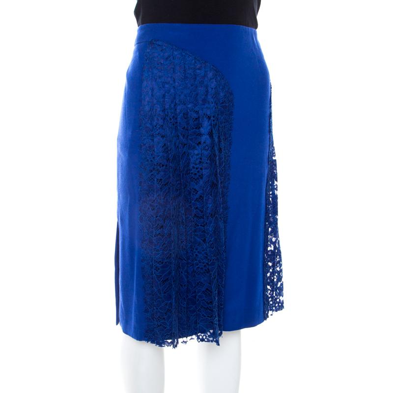 Joseph Cobalt Blue Pleated Lace Detail Courtney Skirt M In New Condition In Dubai, Al Qouz 2