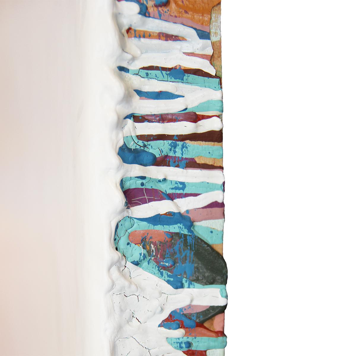 Contemporary Large White Abstract Heavily Textured Colorful Edge Drip Painting im Angebot 3