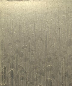 "Proposición 341" Pintura contemporánea tridimensional goteada en tono dorado y crema
