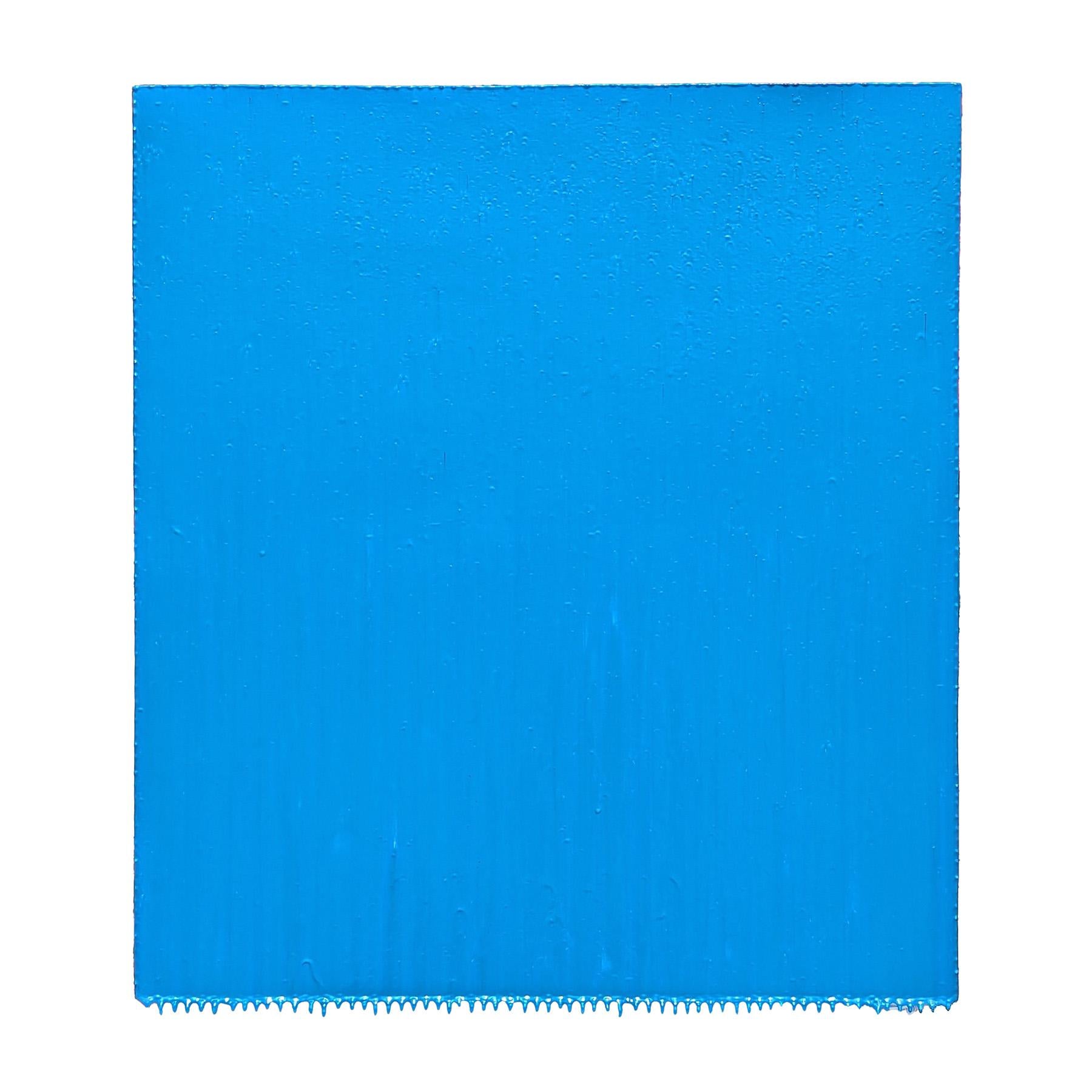 Contemporary bright blue toned abstract painting by Houston based artist Joseph Cohen. The work features a solid blue field that ends in drips off of the bottom edge of the piece. Signed and titled on the reverse. Currently hung on a French