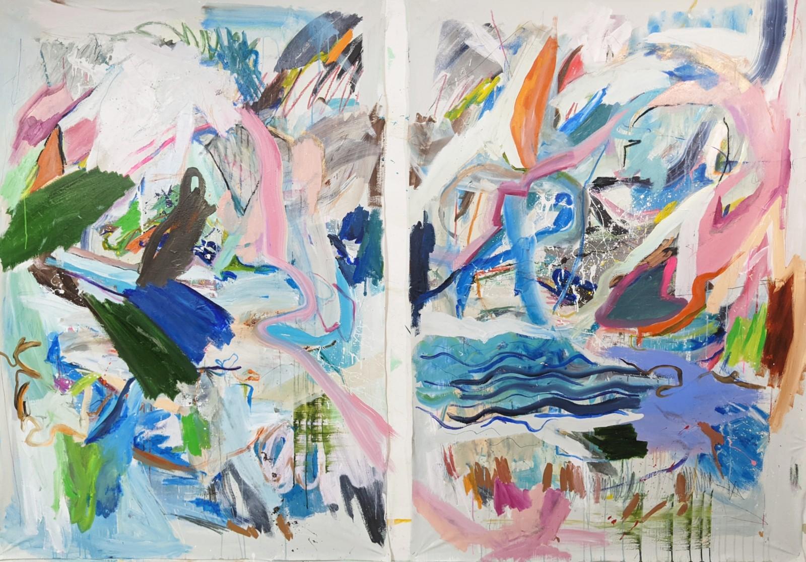Abstract Mayflower Diptych Painting by Joseph Conrad-Ferm, Mixed Media on Canvas For Sale 1