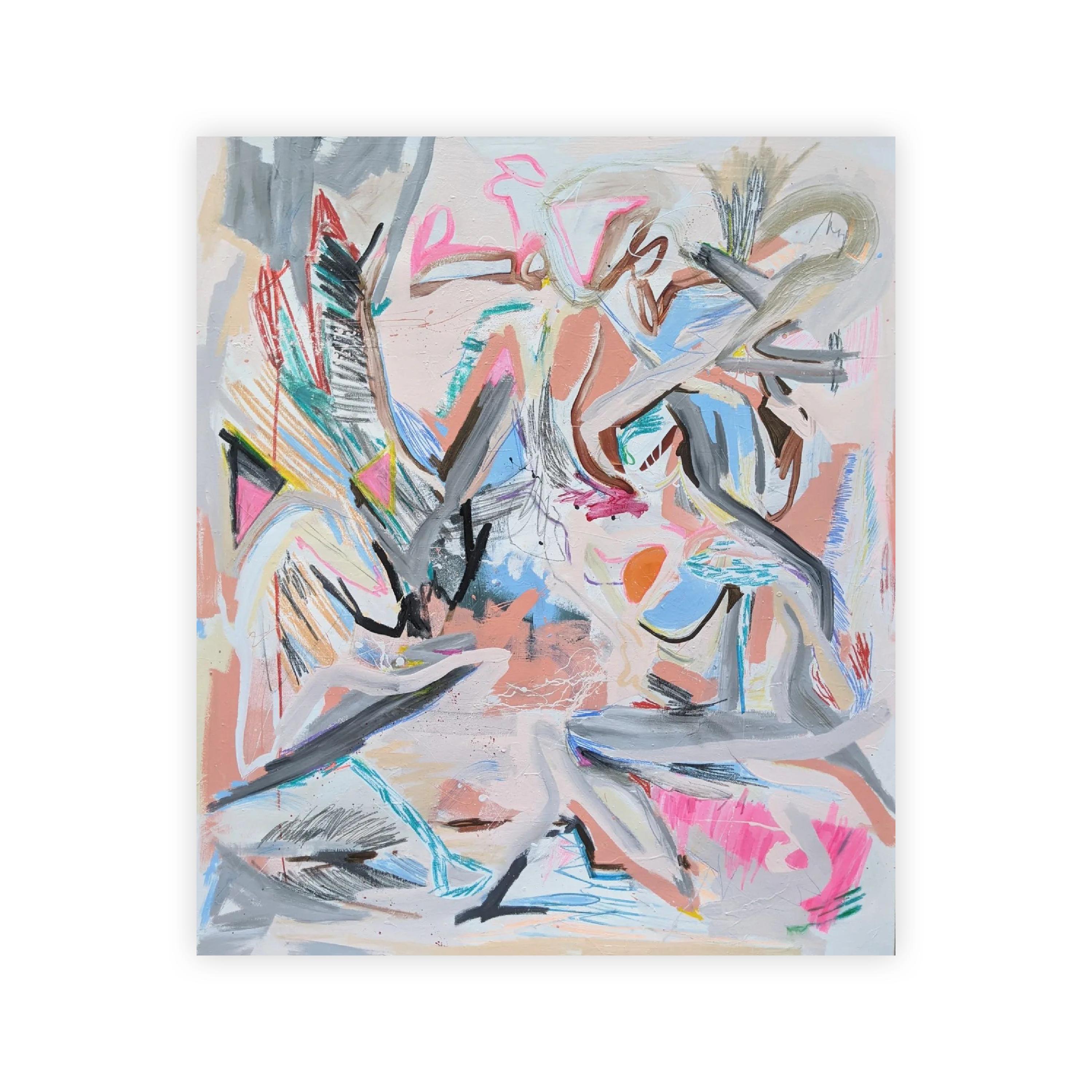Abstraktes Gemälde von Joseph Conrad-Ferm. Die dynamische Komposition umfasst sowohl gedämpfte Striche in Grau und Rosa als auch lebhafte Kratzer und Kritzeleien.

Alle Verkäufe sind endgültig.  Bitte kontaktieren Sie uns für maßgeschneiderte