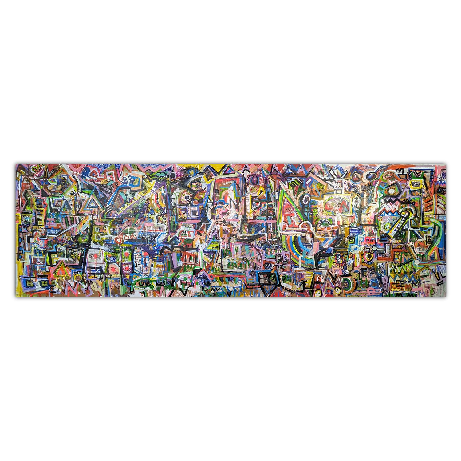 Elmhurst by Joseph Conrad-Ferm, 
H 48"x W 164"

Mixed medium painting on canvas by NY-based artist Joseph Conrad-Ferm.
"I set out to paint a timeline of my life and feel like I've captured it pretty well.tueres a great deal of text and simple line