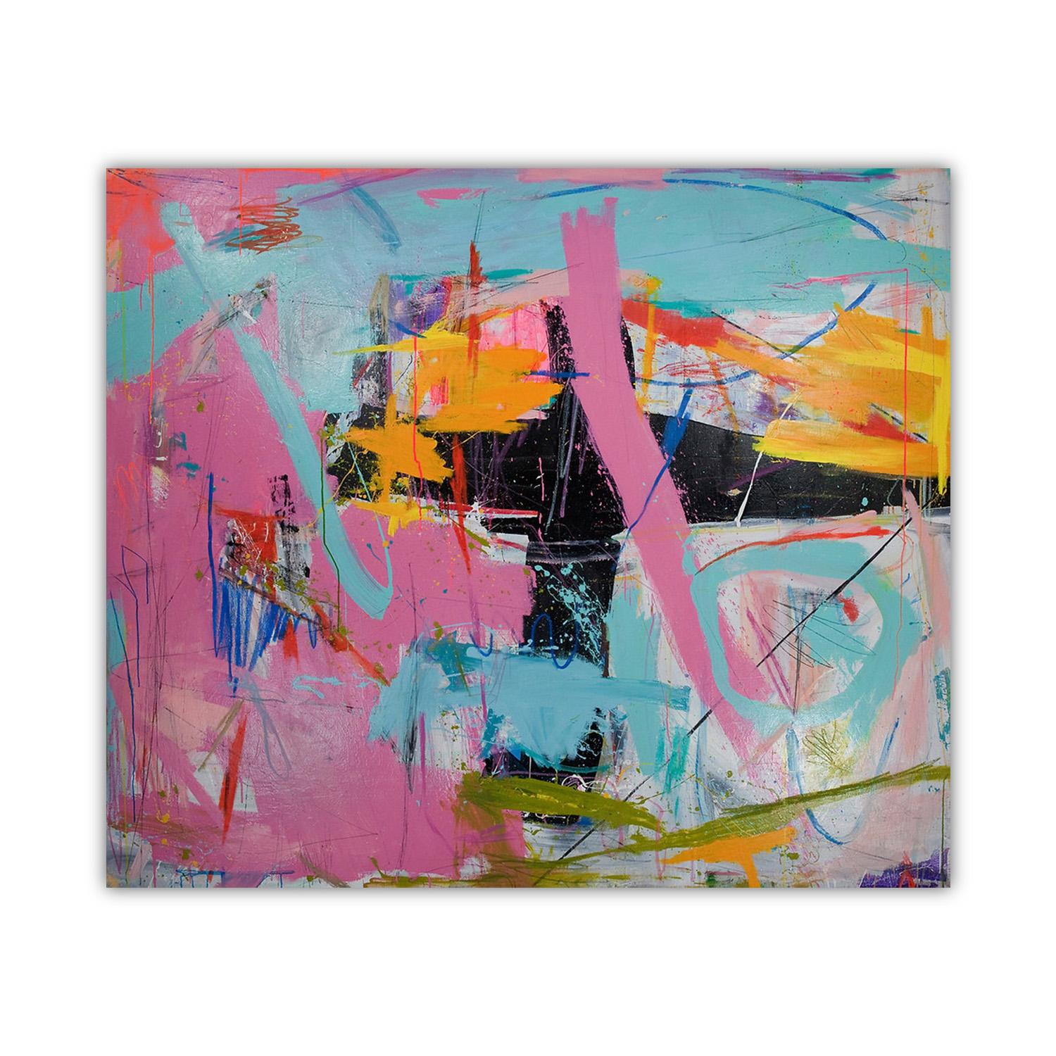 Ferm’s “My Coup” is centralized with a black structure, essentially dividing the canvas into quadrants. Long strokes of light pink and arctic blue defy this black structure, and clash across the topography. The piece is balanced out with violent