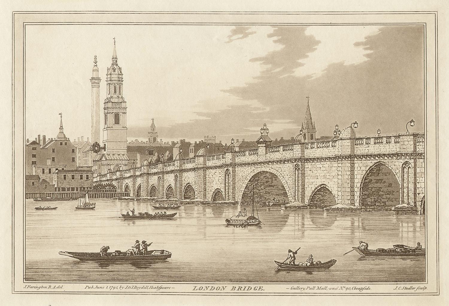 Joseph Constantine Stadler (fl London, 1780-1822) after Joseph Farington (1747-1821)  Landscape Print - London Bridge, C18th English aquatint