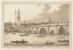 Antique London Bridge, C18th English aquatint