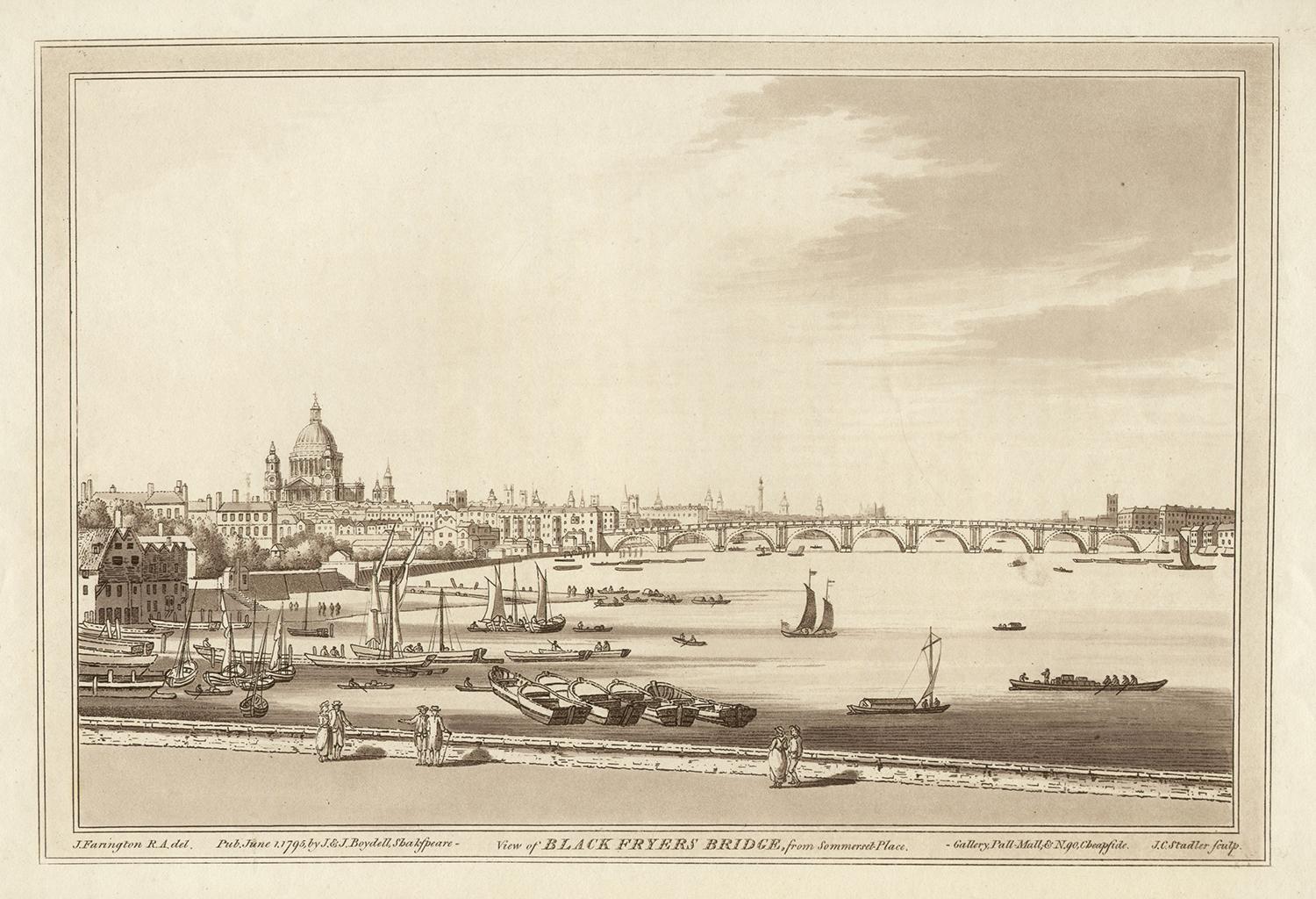 Joseph Constantine Stadler (fl London, 1780-1822) after Joseph Farington (1747-1821)  Landscape Print - View of Blackfriars Bridge from Somerset Place, C18th English aquatint