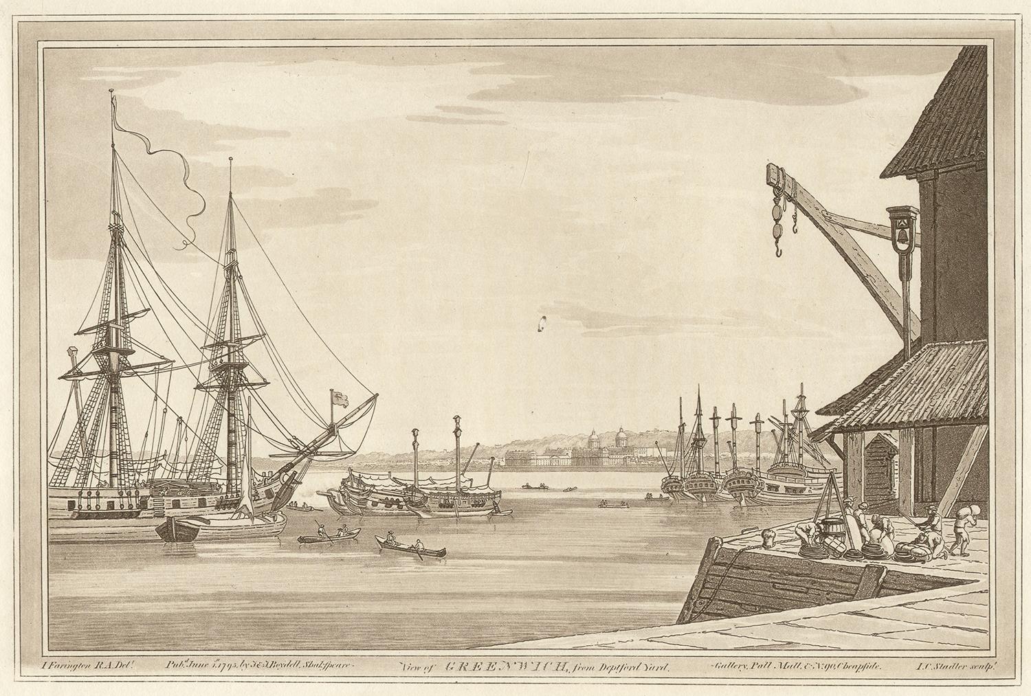 View of Greenwich from Deptford Yard, Thames, London, C18th English aquatint