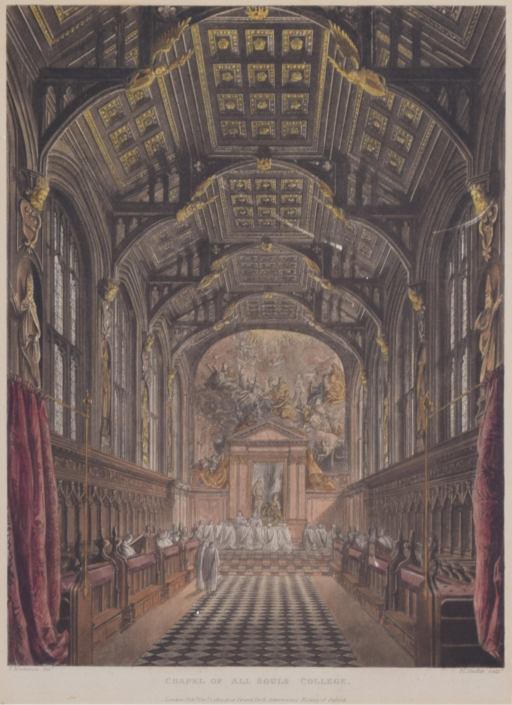 Chapel of All Souls College, Oxford engraving by Joseph Stadler for Ackermann - Print by Joseph Constantine Stadler