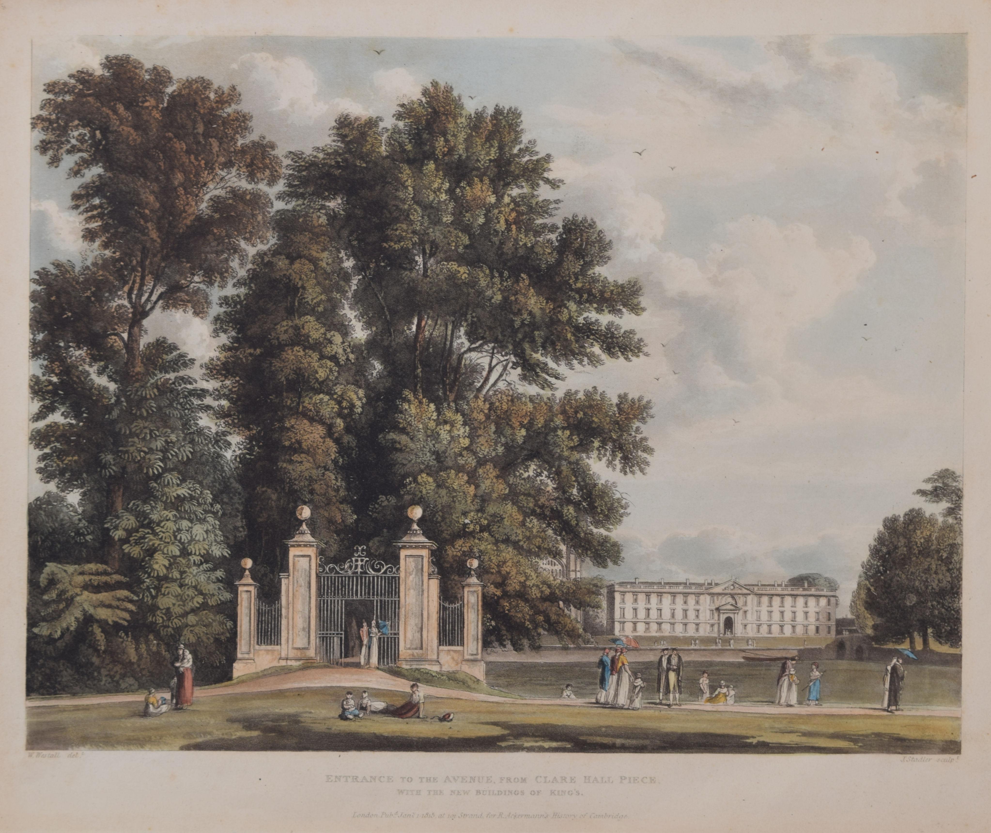 Clare College, Cambridge / Clare Hall / King's College engraving by Stadler