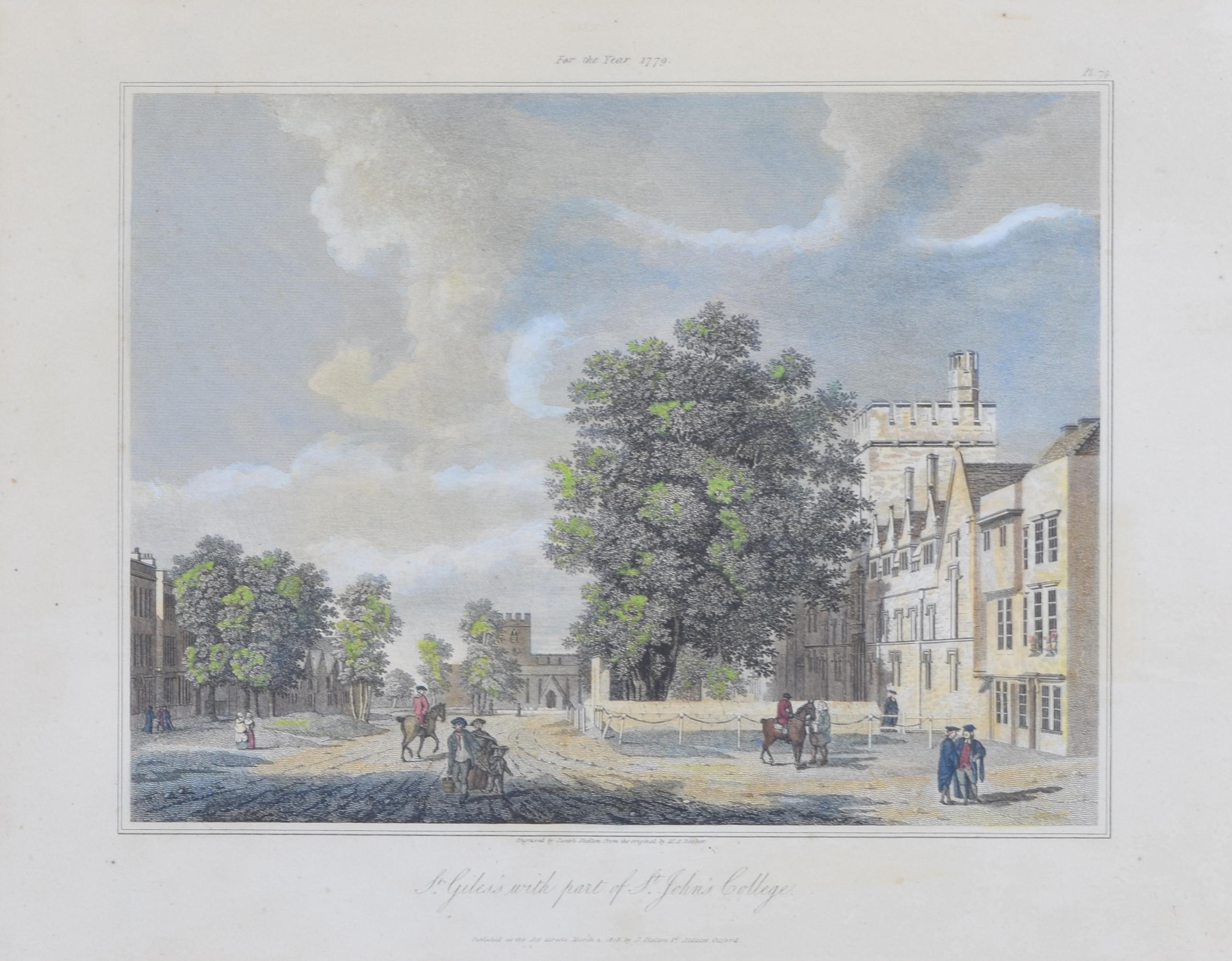 Tableau de St Giles avec une vue du St John's College, gravure d'Oxford par Stadler