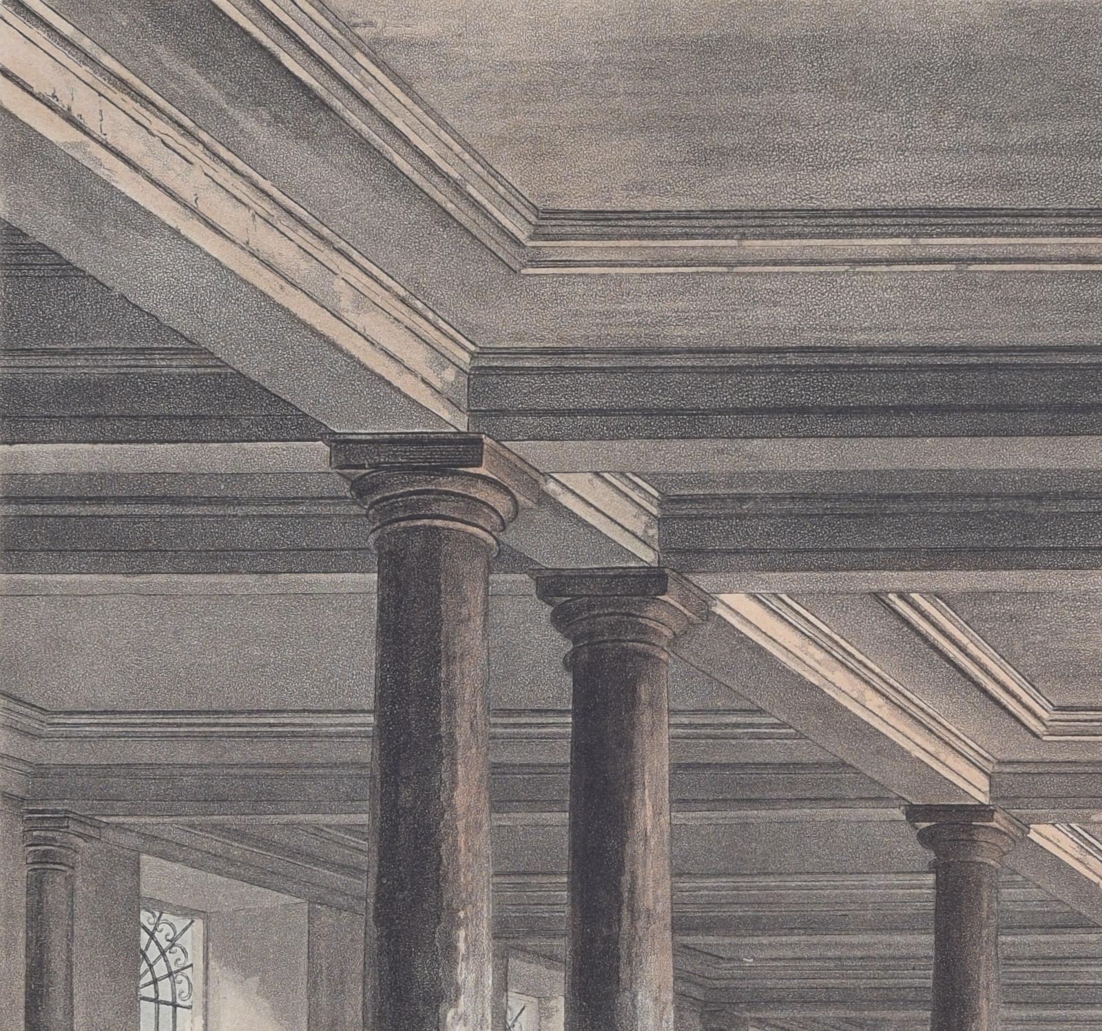 Trinity College, Cambridge library colonnade engraving by Stadler after Westall - Realist Print by Joseph Constantine Stadler