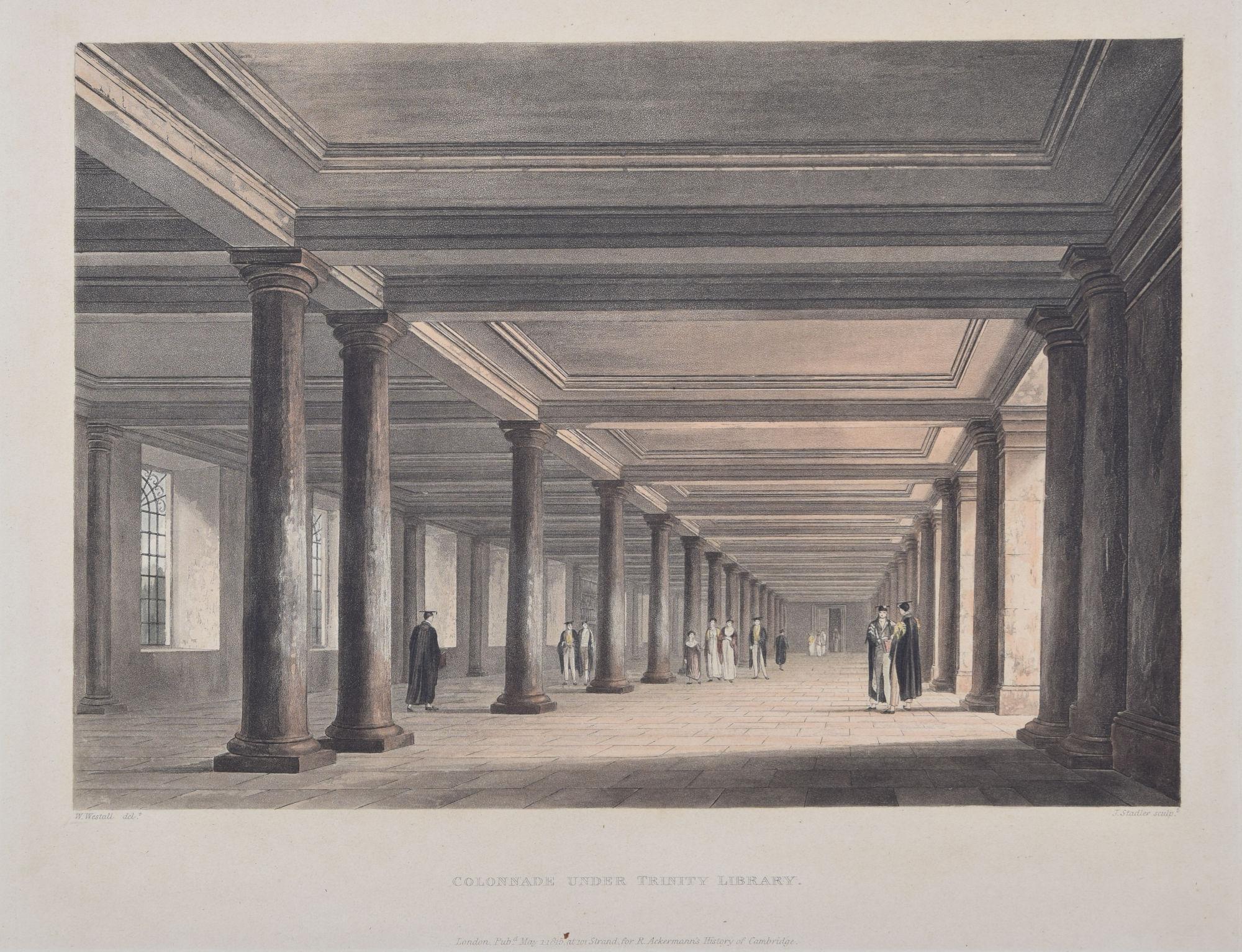 Trinity College, Cambridge library colonnade engraving by Stadler after Westall - Print by Joseph Constantine Stadler