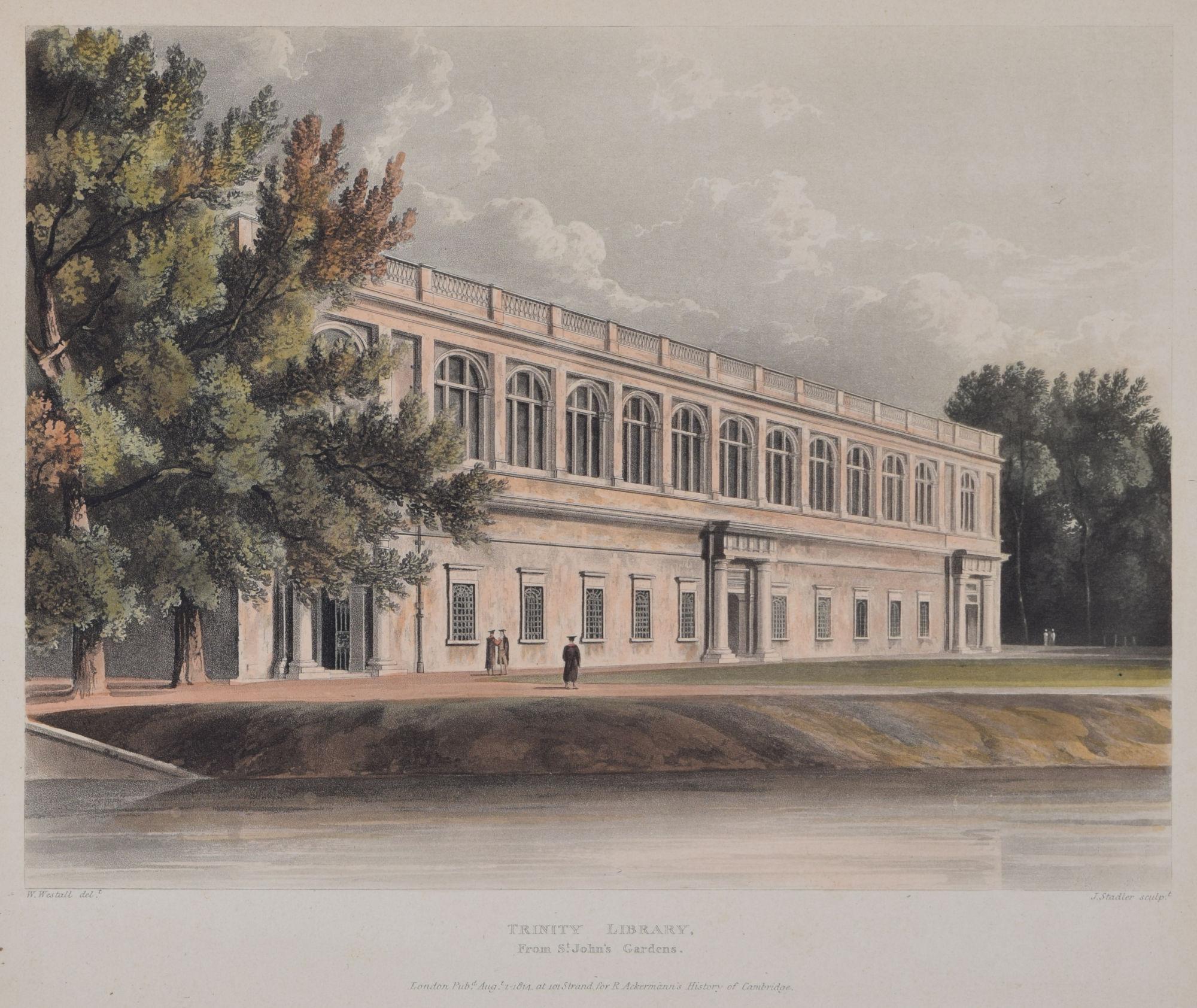Trinity College, Cambridge Library engraving by Stadler after Westall - Print by Joseph Constantine Stadler