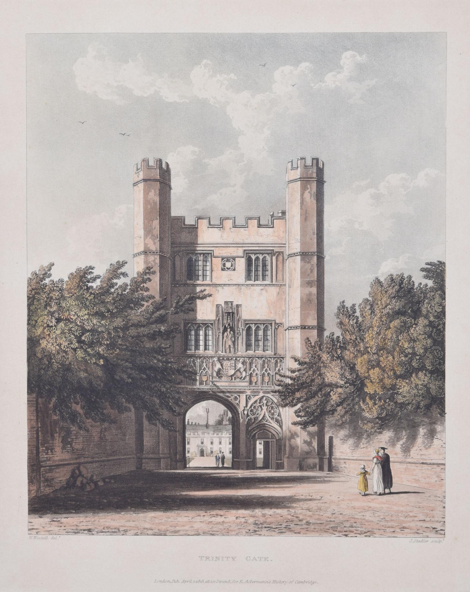 Trinity Gate, Trinity College, Cambridge engraving by Stadler after Westall - Print by Joseph Constantine Stadler