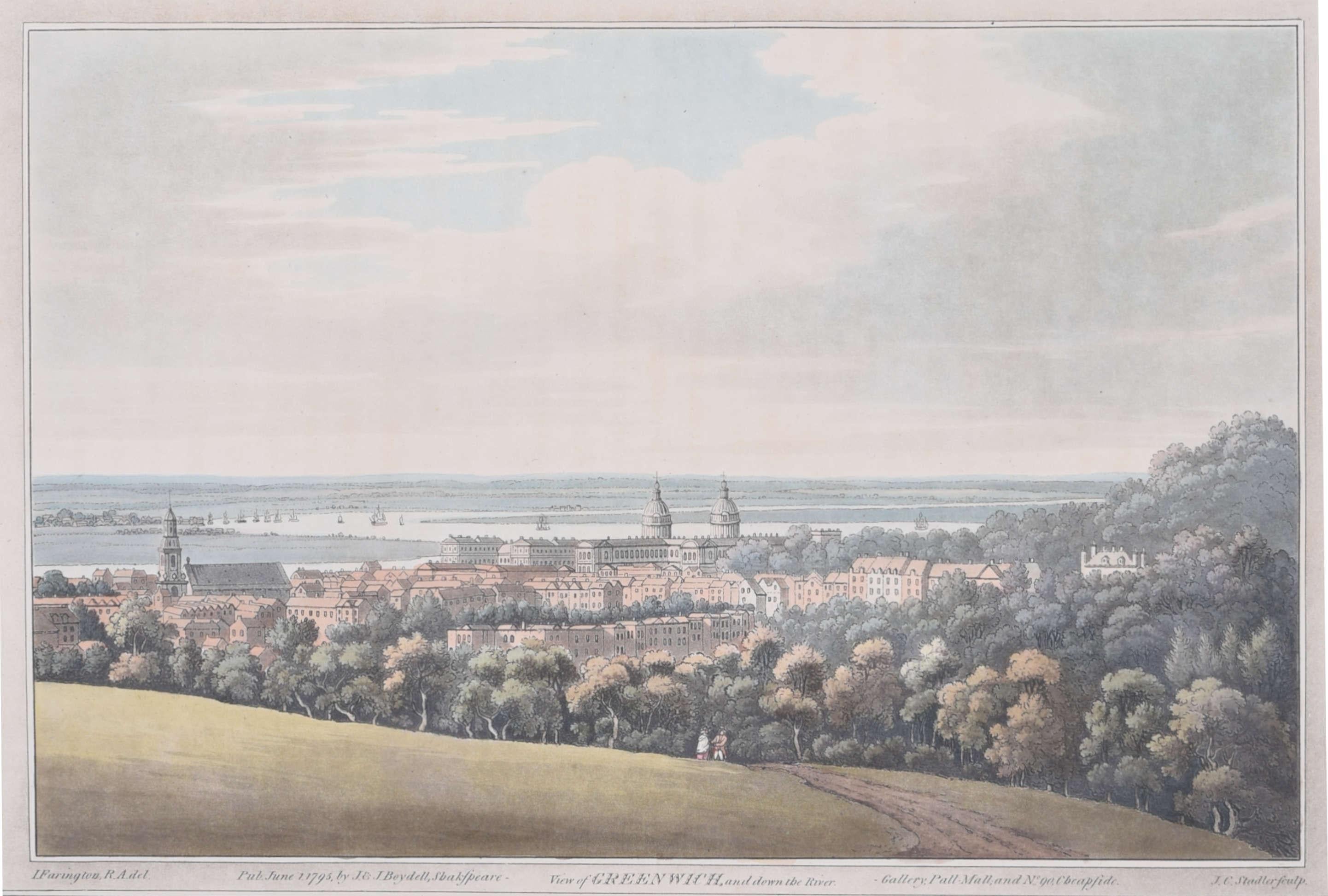 Joseph Constantine Stadler (1755 - 1828) after Joseph Farington (1747 - 1821)
View of Greenwich and Down the River (1795)
Hand-coloured engraving
23 x 33 cm

Joseph Constantine Stadler was a prolific German émigré engraver of images after his