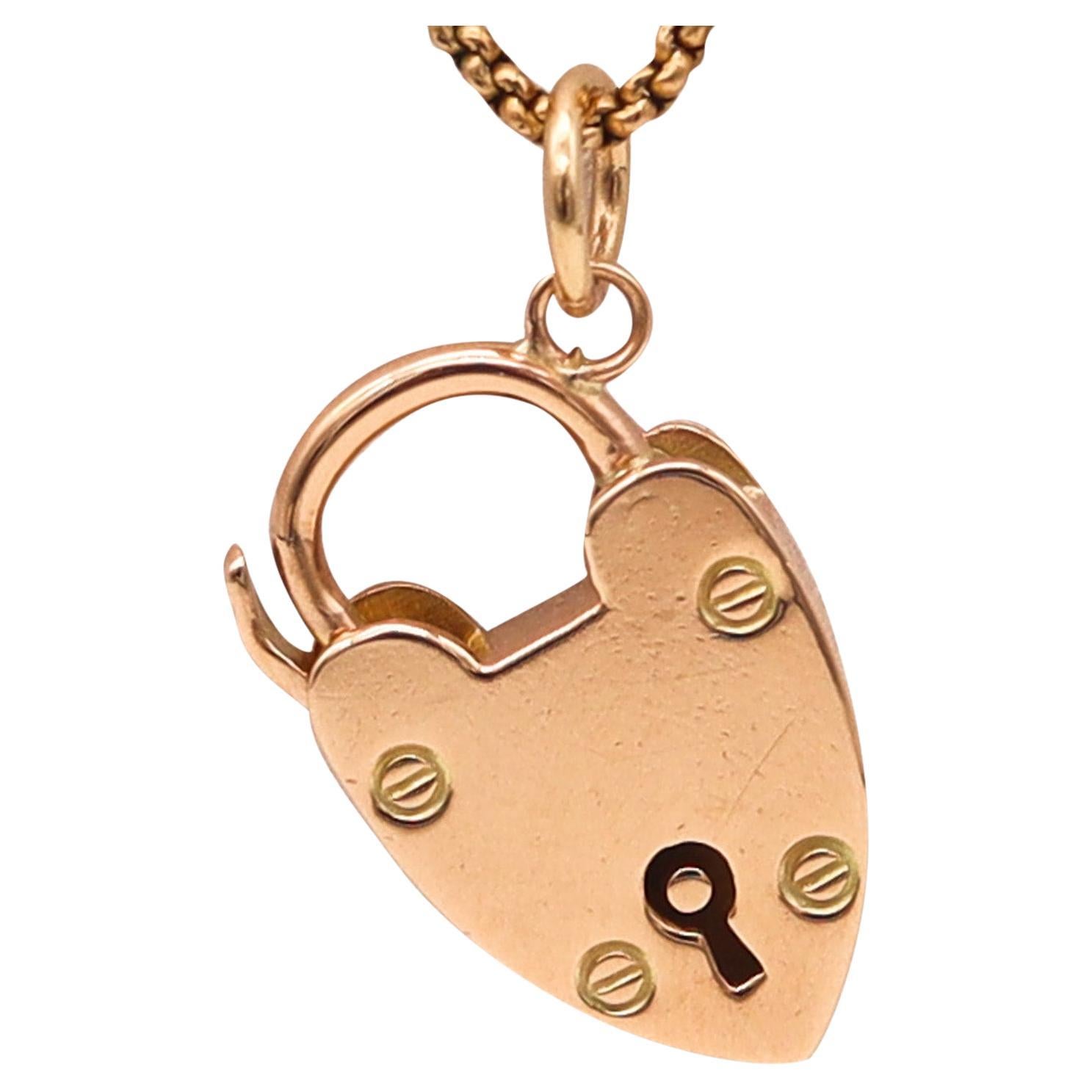 Joseph Cook & Son 1910 Edwardian Heart Shaped Lover Padlock In 9Kt Pink Gold For Sale