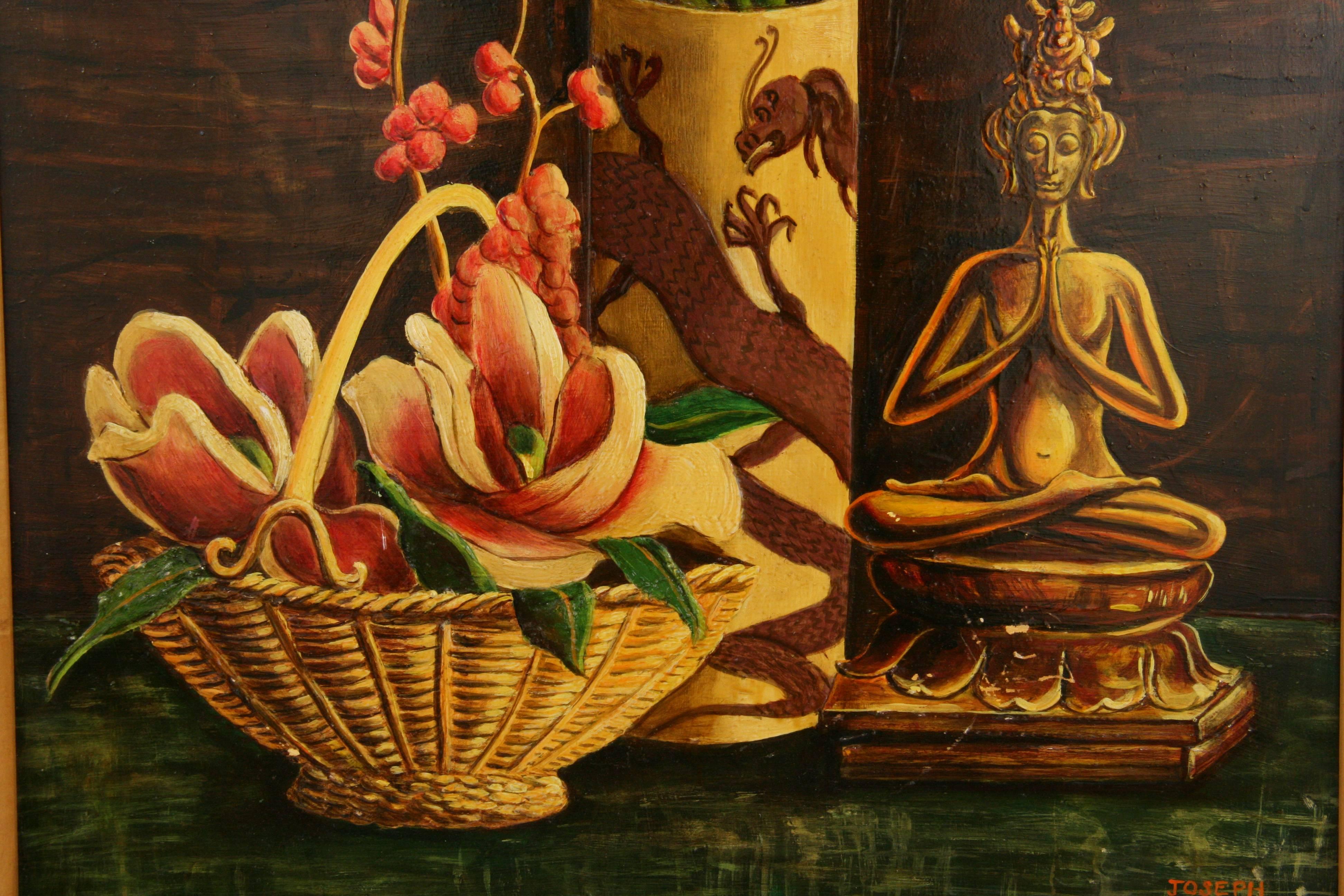 5-2581 Oil on board
Displayed in a faux bamboo wood frame
Image size 15.5x19.5