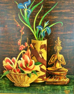 Peinture à l'huile japonaise vintage représentant une nature morte zen, encadrée, années 1960