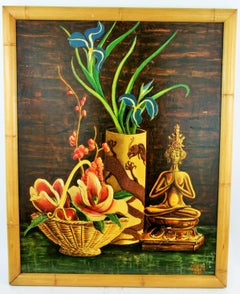 Peinture à l'huile japonaise vintage représentant une nature morte zen, encadrée, années 1960