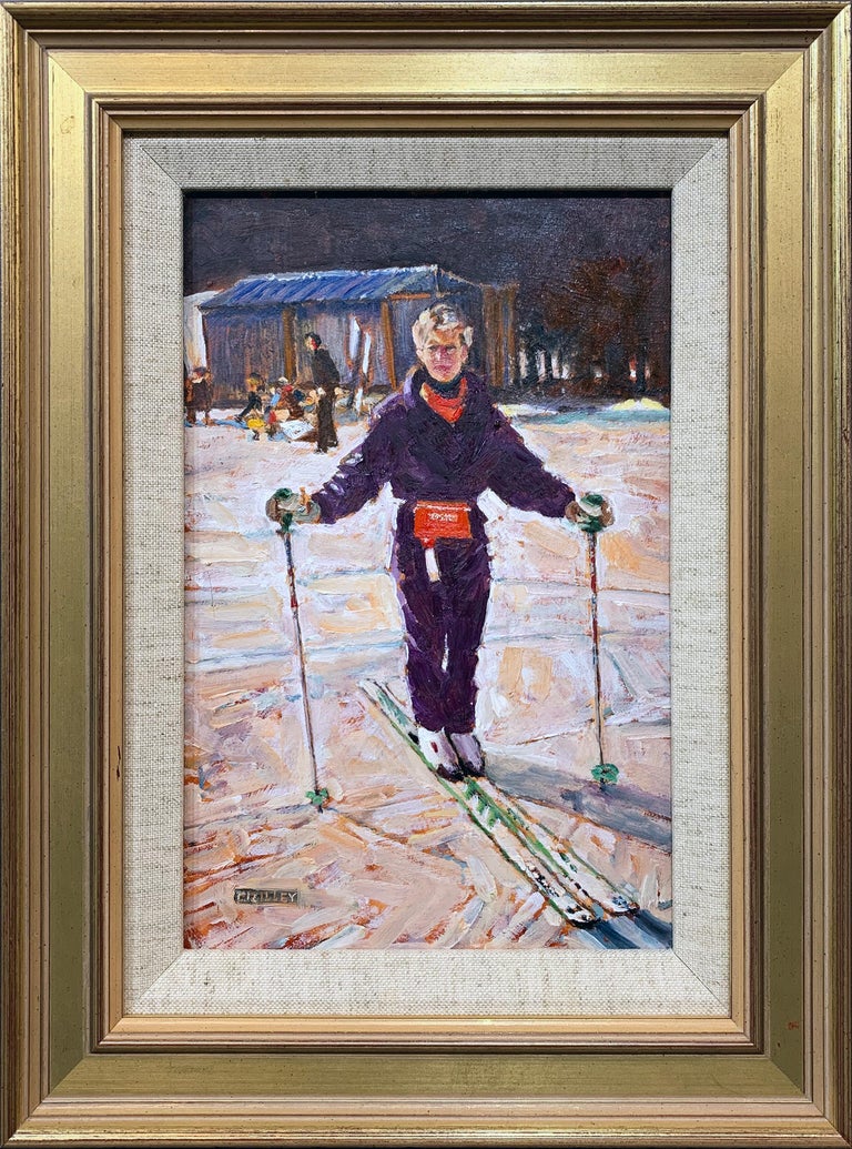 Sue on Skis, Portrait of the Artist's Wife in Snowy Landscape, 2007 - Painting by Joseph Crilley