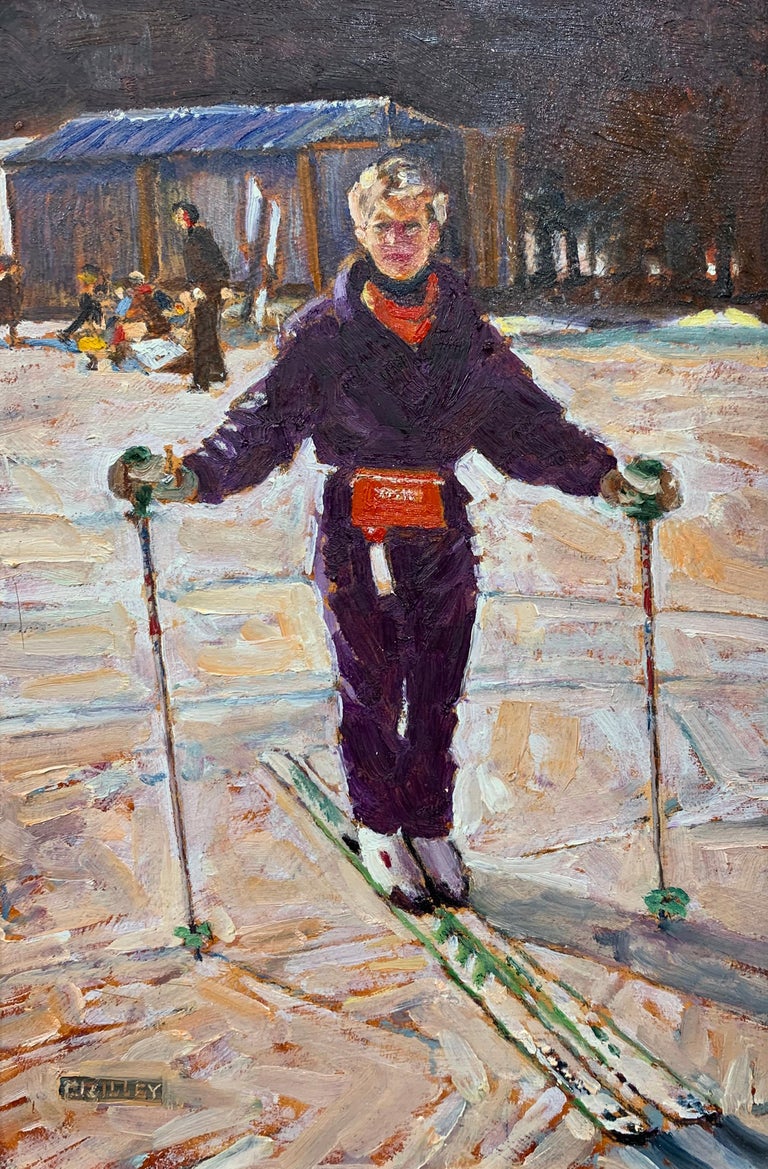 Joseph Crilley Portrait Painting - Sue on Skis, Portrait of the Artist's Wife in Snowy Landscape, 2007