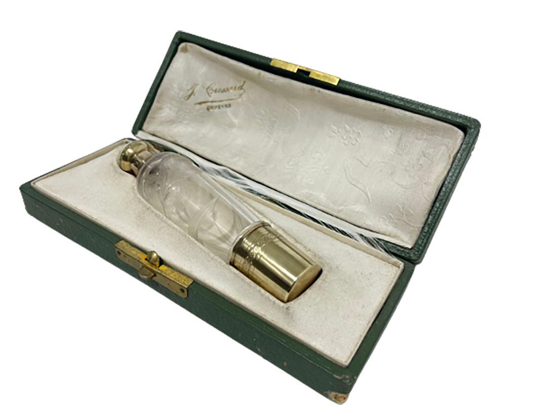 Gilt Joseph Crossard French Silver Gold Plated and Engraved Traveling Liqueur Bottle For Sale