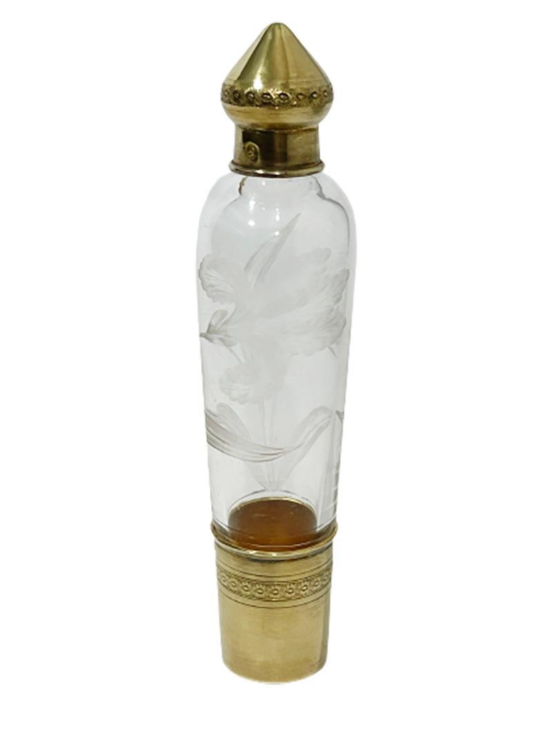 20th Century Joseph Crossard French Silver Gold Plated and Engraved Traveling Liqueur Bottle For Sale
