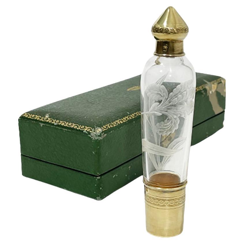 Joseph Crossard French Silver Gold Plated and Engraved Traveling Liqueur Bottle For Sale