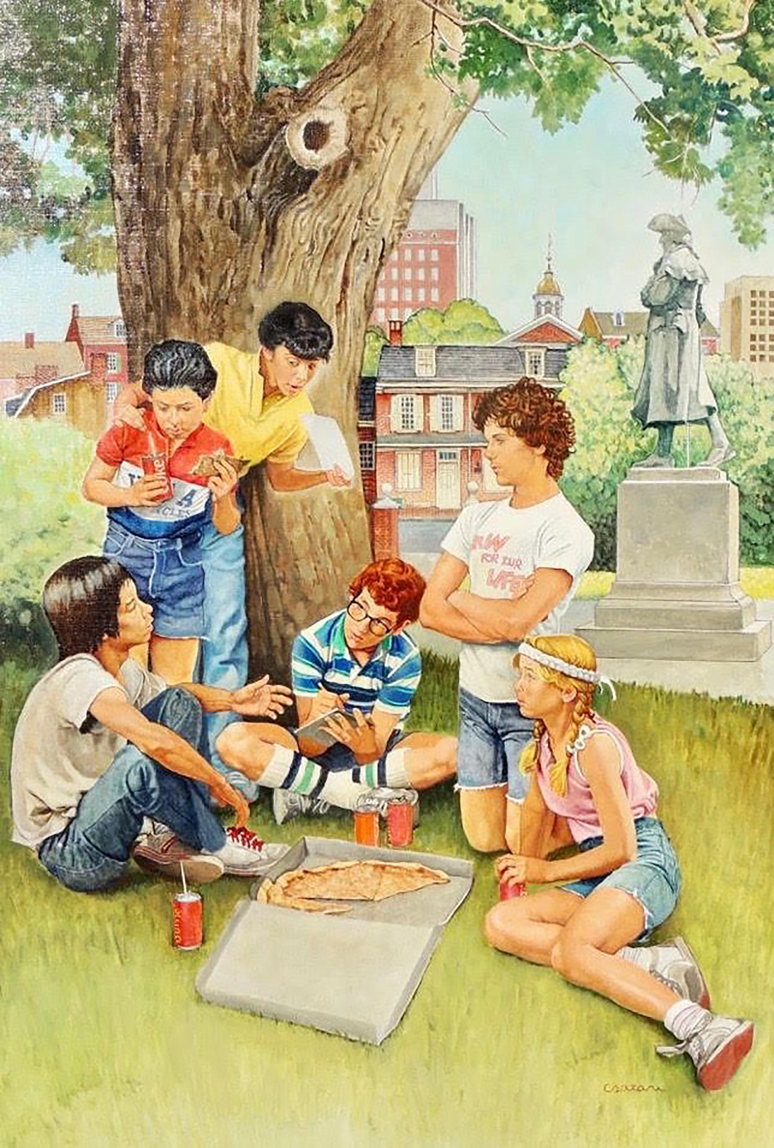 Joseph Csatari Figurative Painting – The Computer Caper – Papierrückenabzugsbezug
